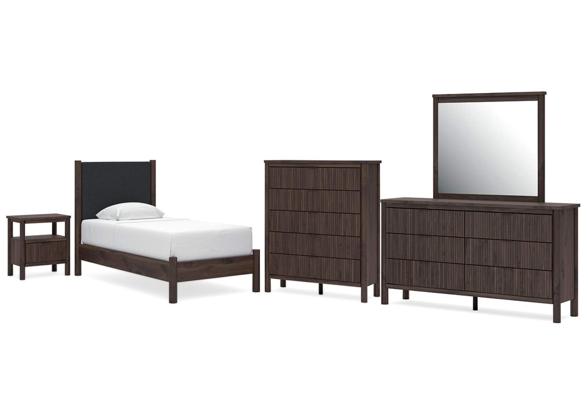 Cadmori Twin Upholstered Panel Bed, Dresser, Mirror, Chest and Nightstand image 1