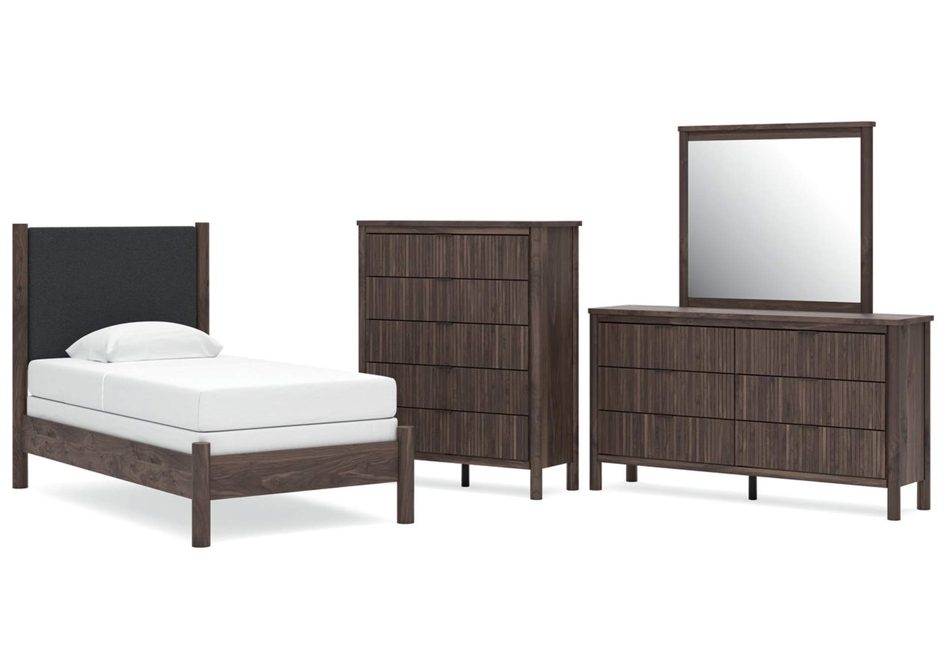 Cadmori Twin Upholstered Panel Bed, Dresser, Mirror and Chest image 1