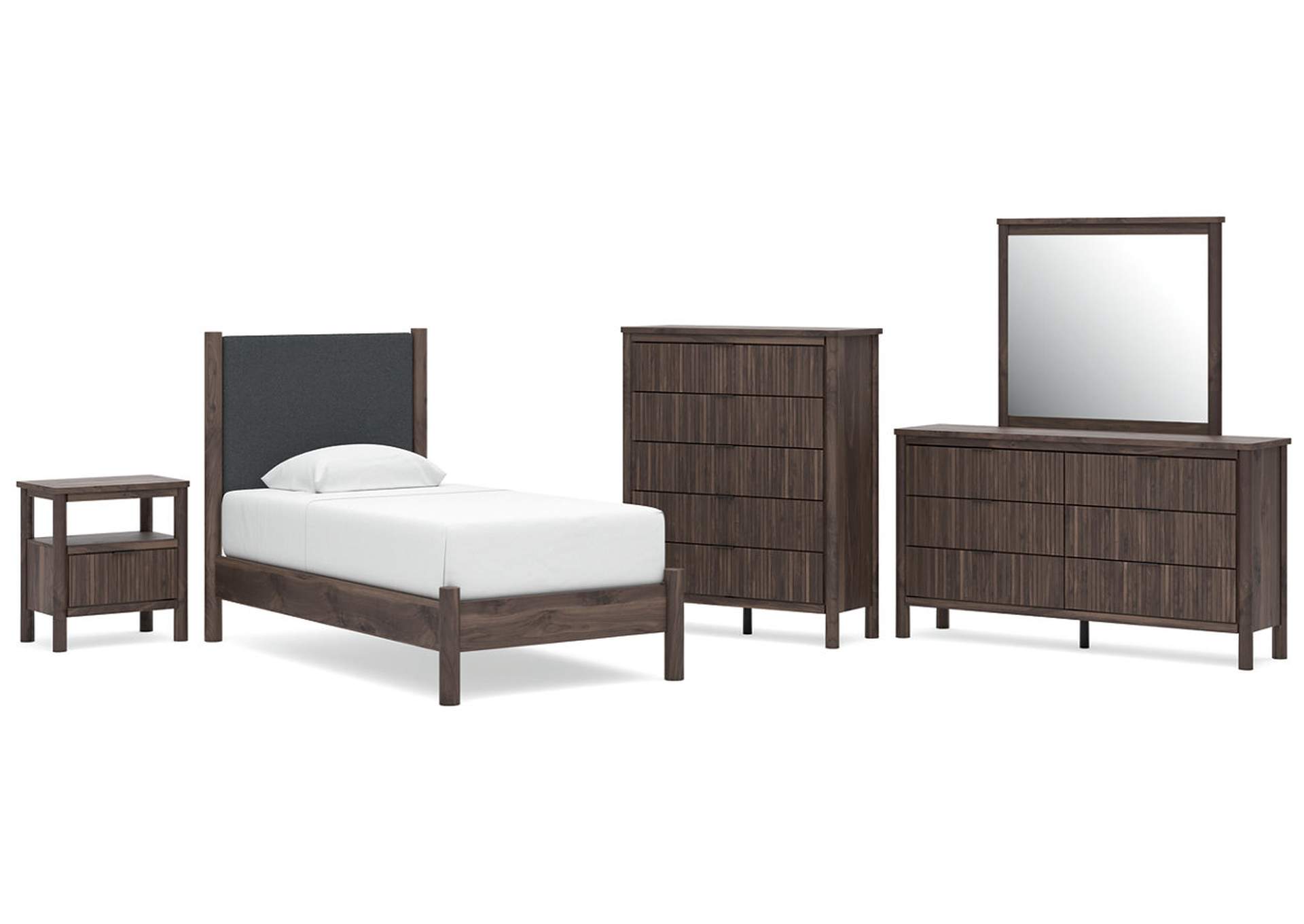 Cadmori Twin Upholstered Panel Platform Bed, Dresser, Mirror, Chest and Nightstand image 1