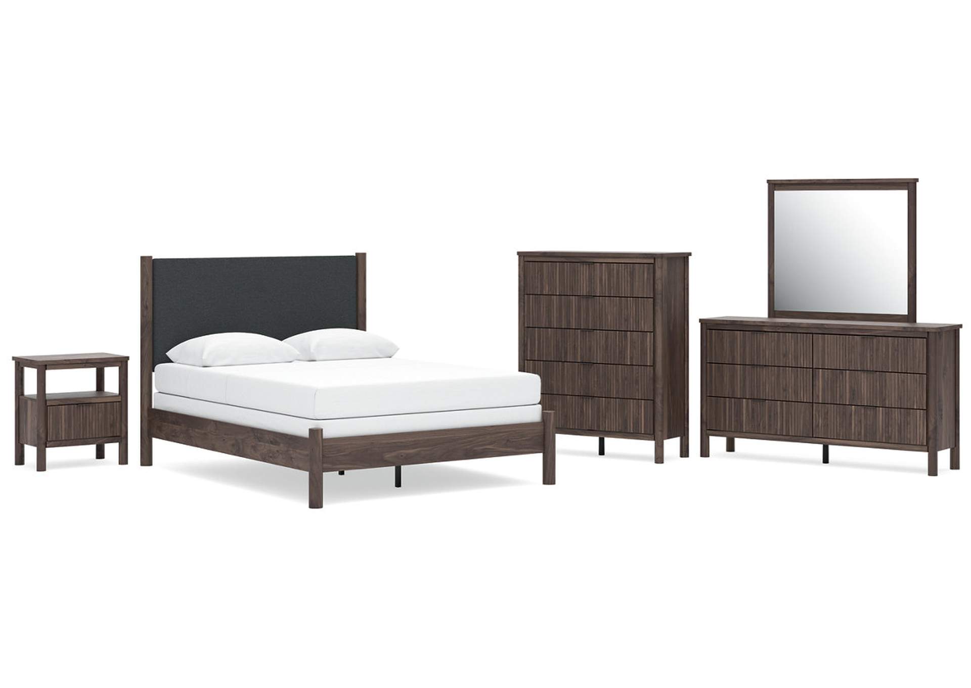 Cadmori Queen Upholstered Panel Bed, Dresser, Mirror, Chest and Nightstand image 1