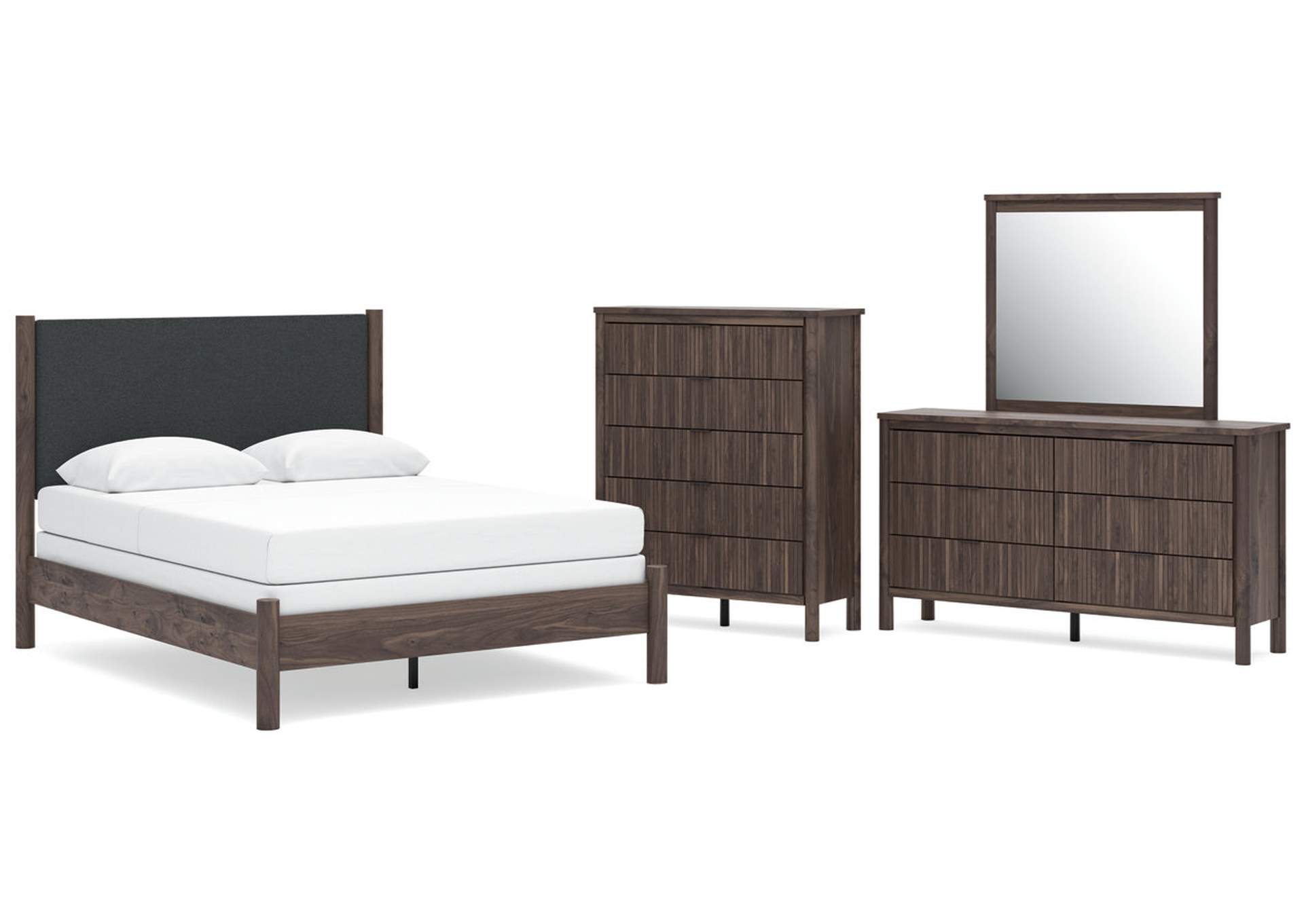 Cadmori Queen Upholstered Panel Bed, Dresser, Mirror and Chest image 1