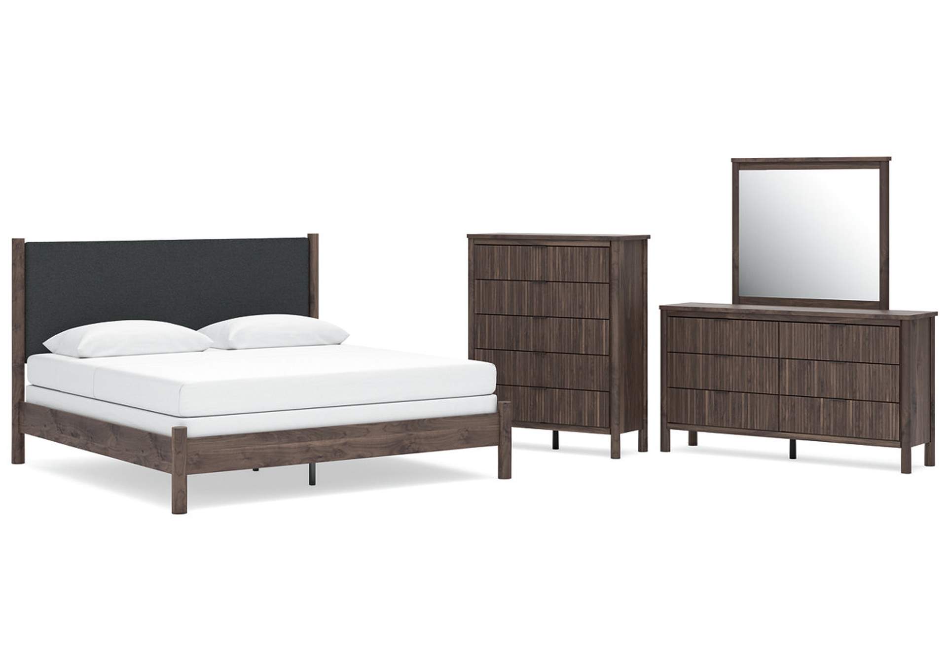 Cadmori King Upholstered Panel Bed, Dresser, Mirror and Chest image 1