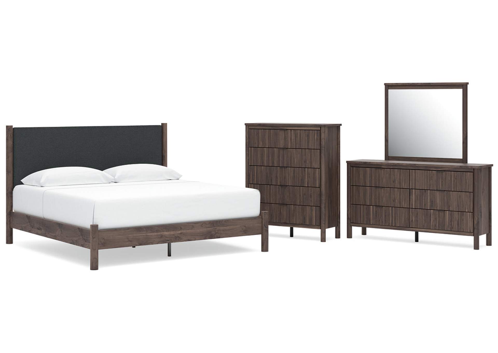 Cadmori King Upholstered Panel Platform Bed, Dresser, Mirror and Chest image 1