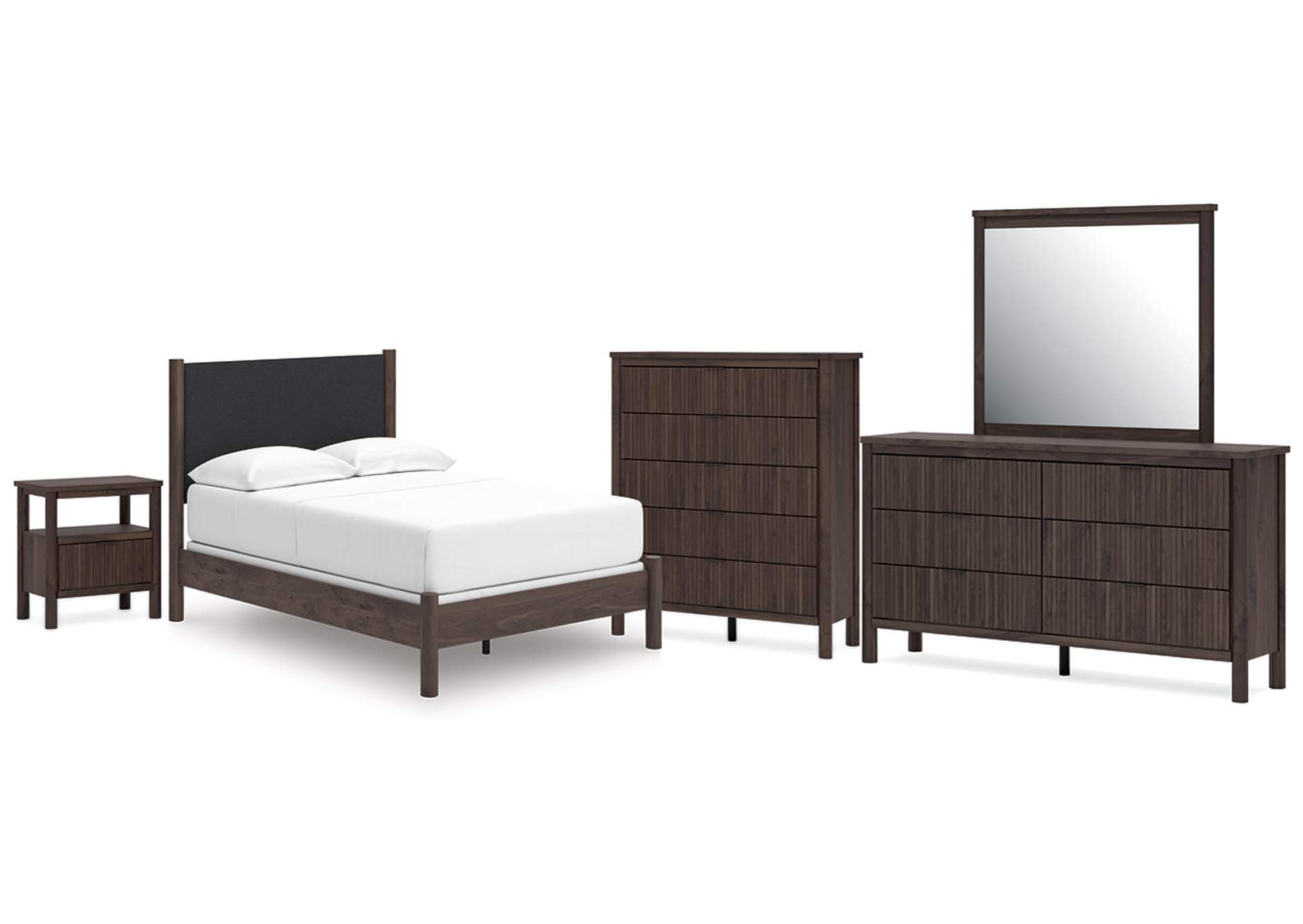 Cadmori Full Upholstered Panel Bed, Dresser, Mirror, Chest and Nightstand image 1