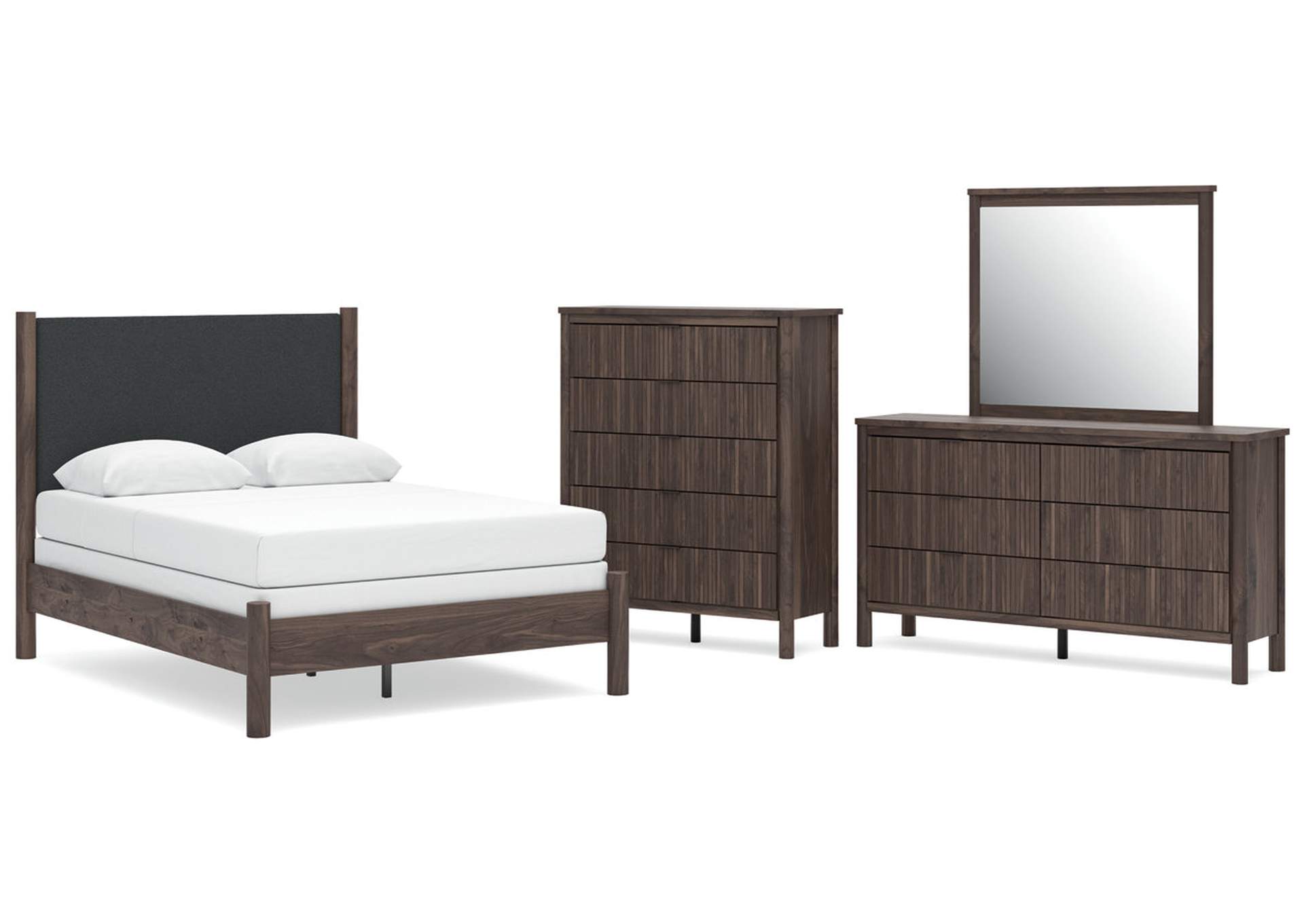 Cadmori Full Upholstered Panel Bed, Dresser, Mirror and Chest image 1