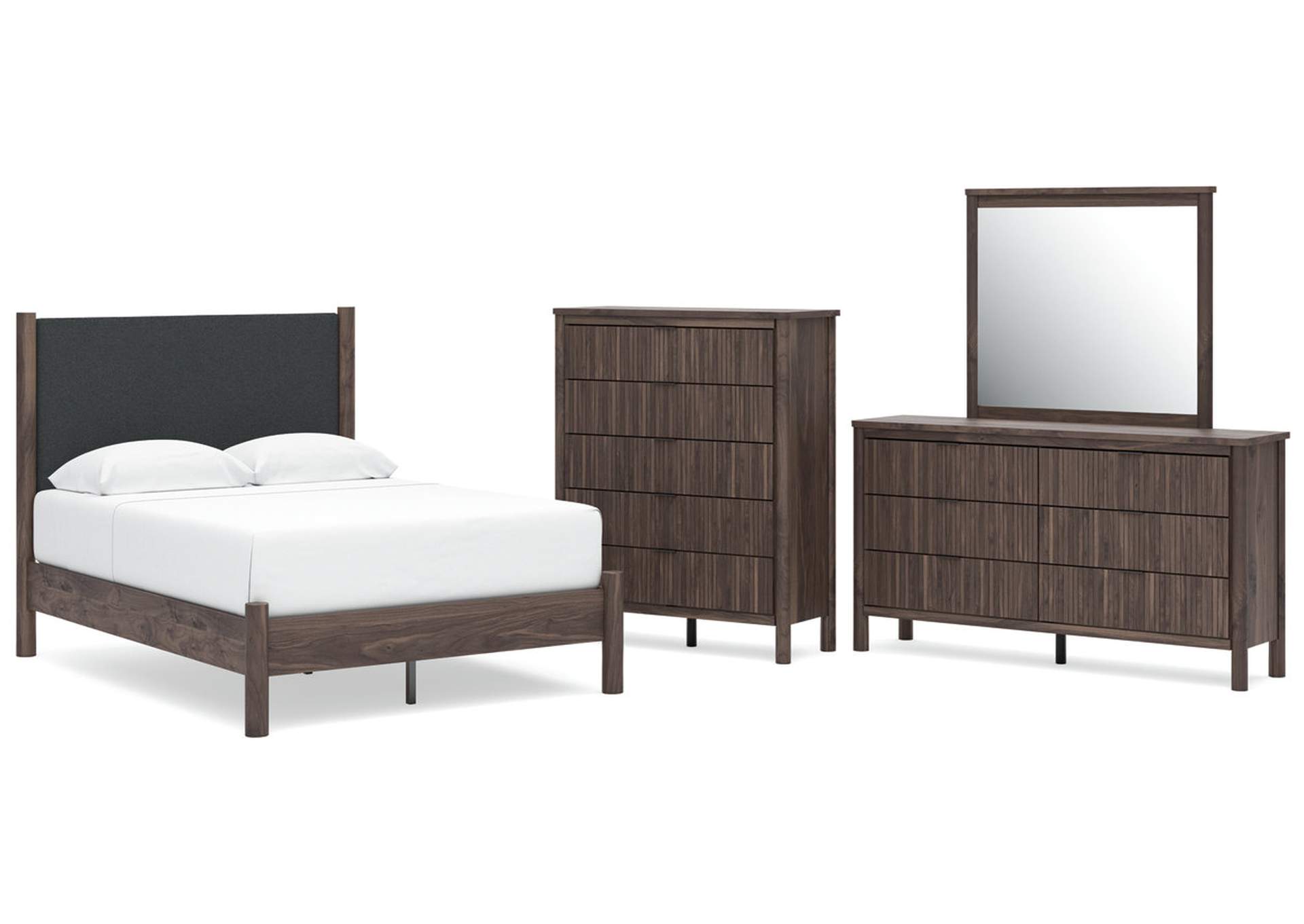 Cadmori Full Upholstered Panel Platform Bed, Dresser, Mirror and Chest image 1