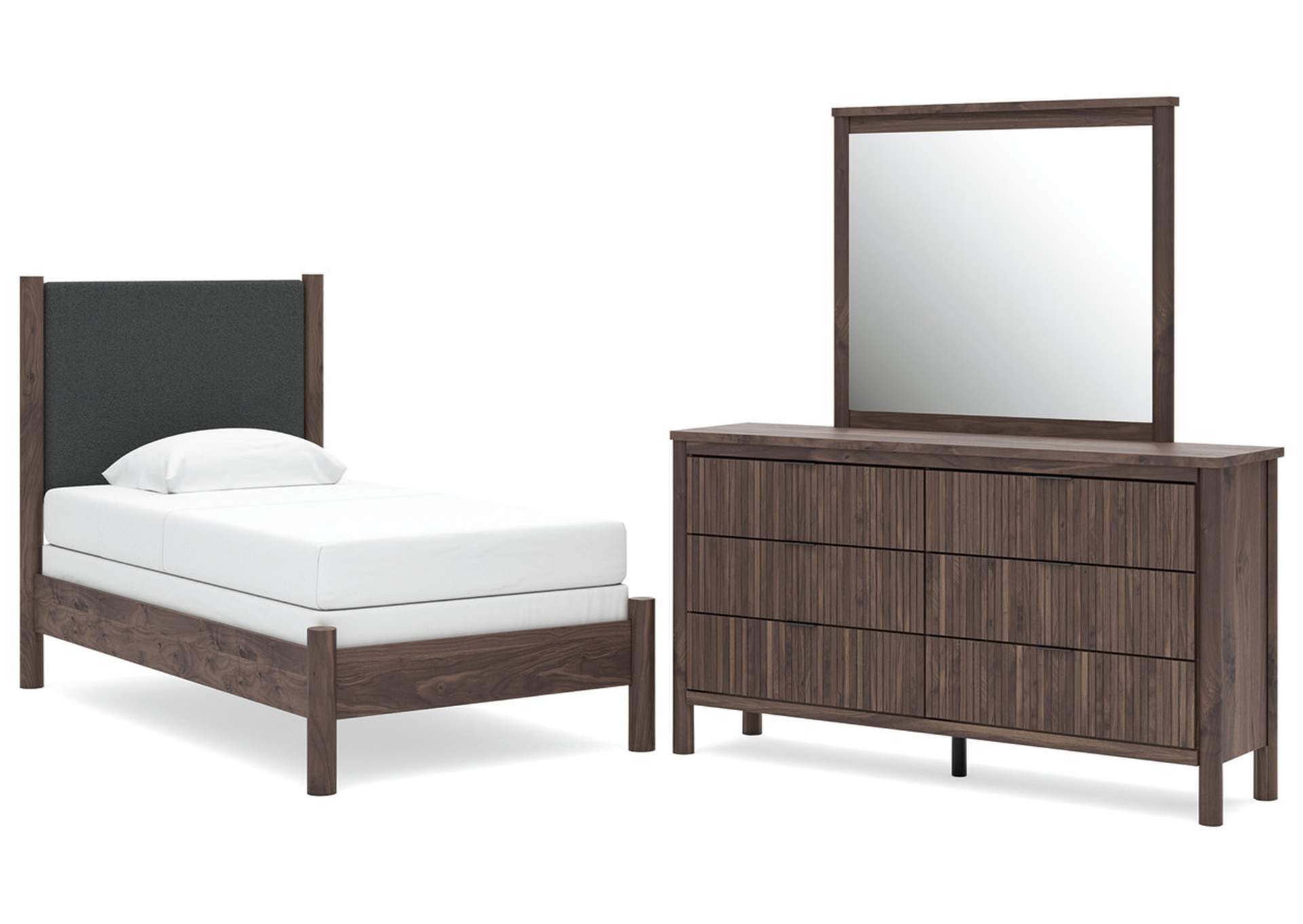 Cadmori Twin Upholstered Panel Bed, Dresser and Mirror image 1