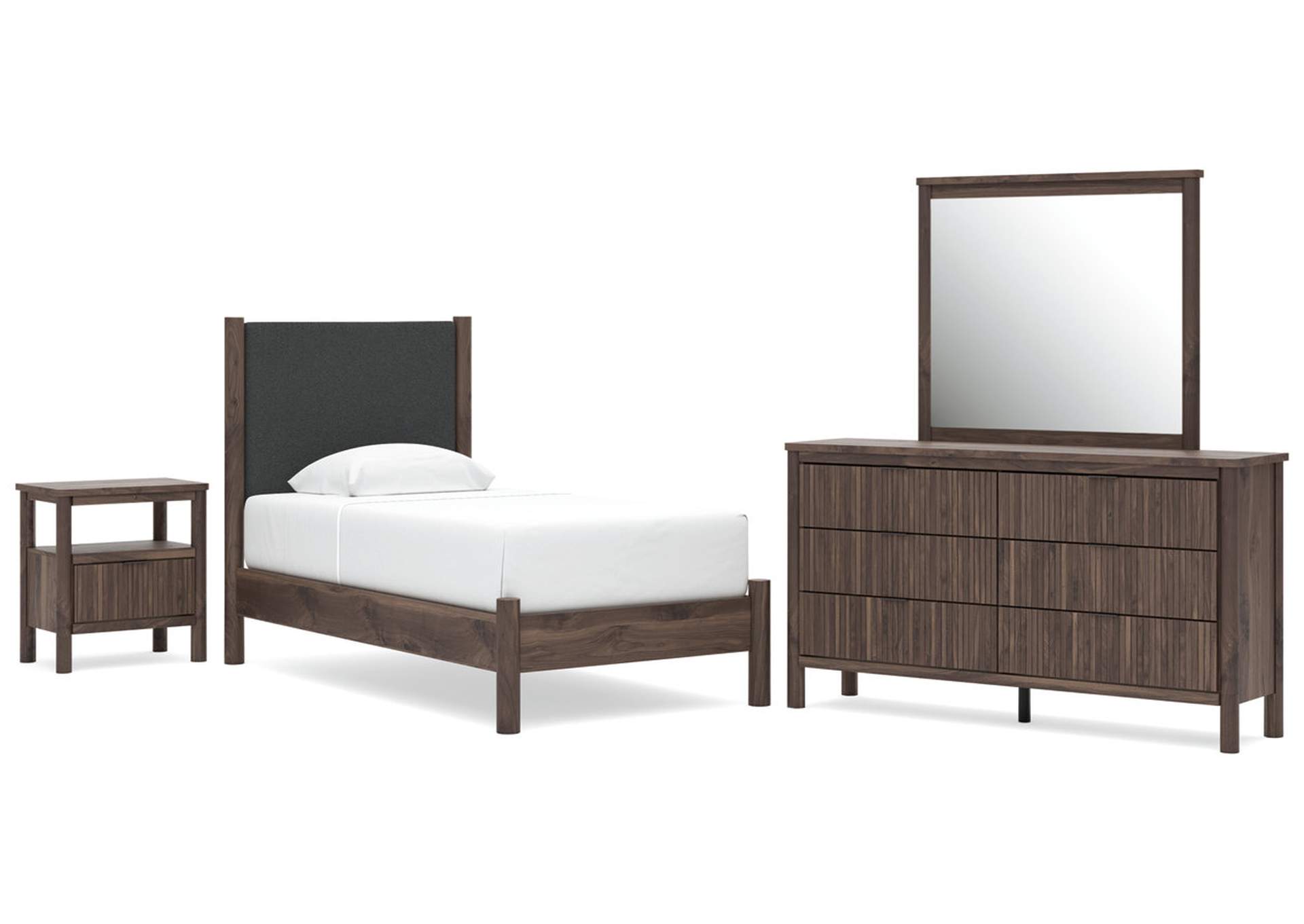 Cadmori Twin Upholstered Panel Platform Bed, Dresser, Mirror and Nightstand image 1