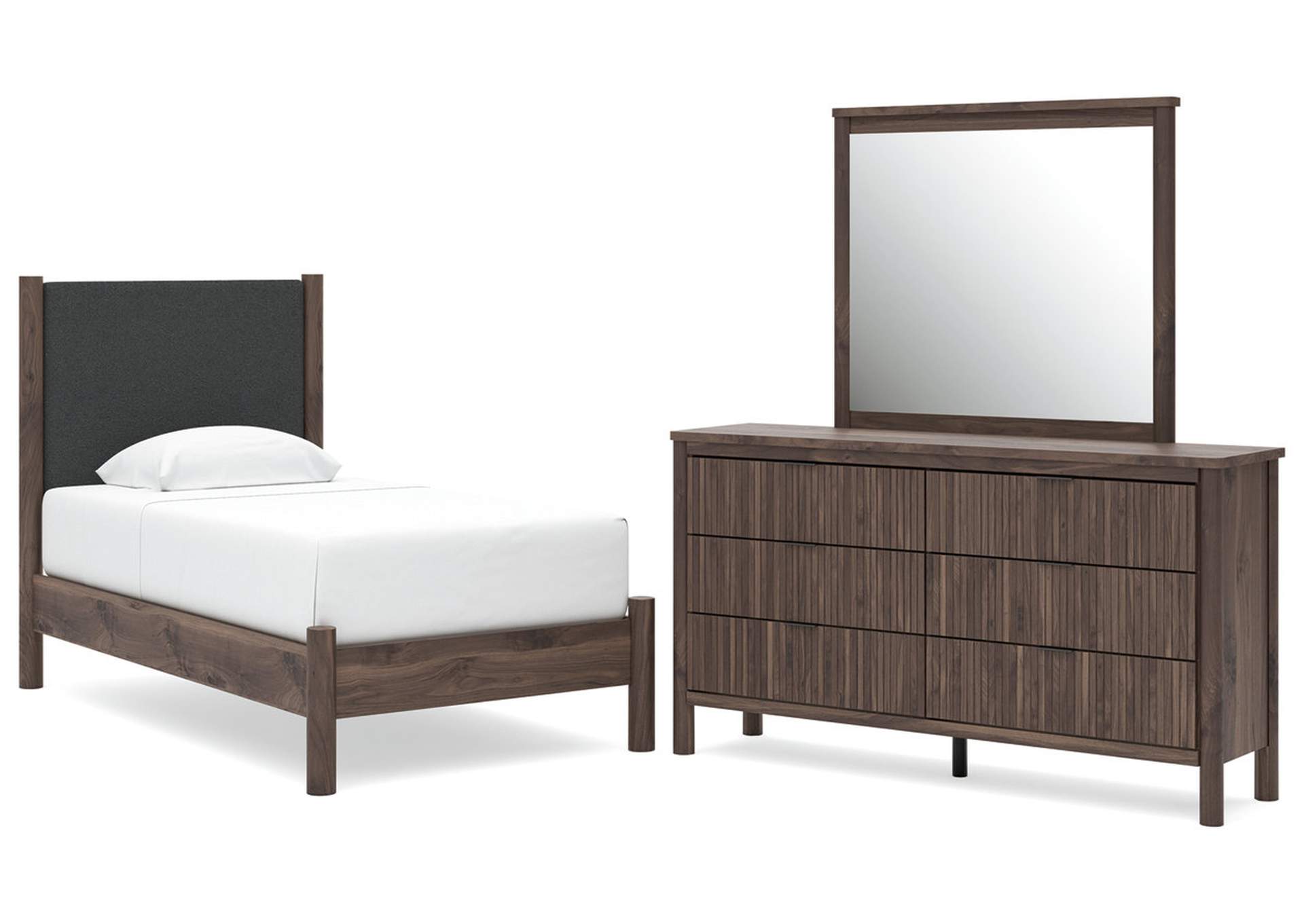 Cadmori Twin Upholstered Panel Platform Bed, Dresser and Mirror image 1