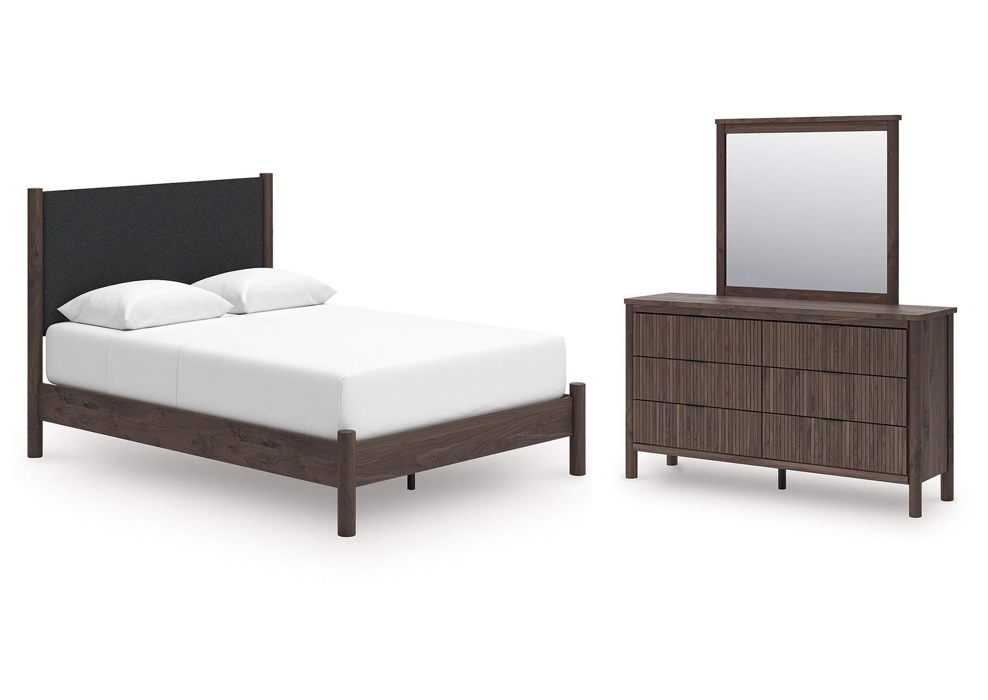 Pamytta Queen Upholstered Platform Bed, Dresser and Mirror image 1
