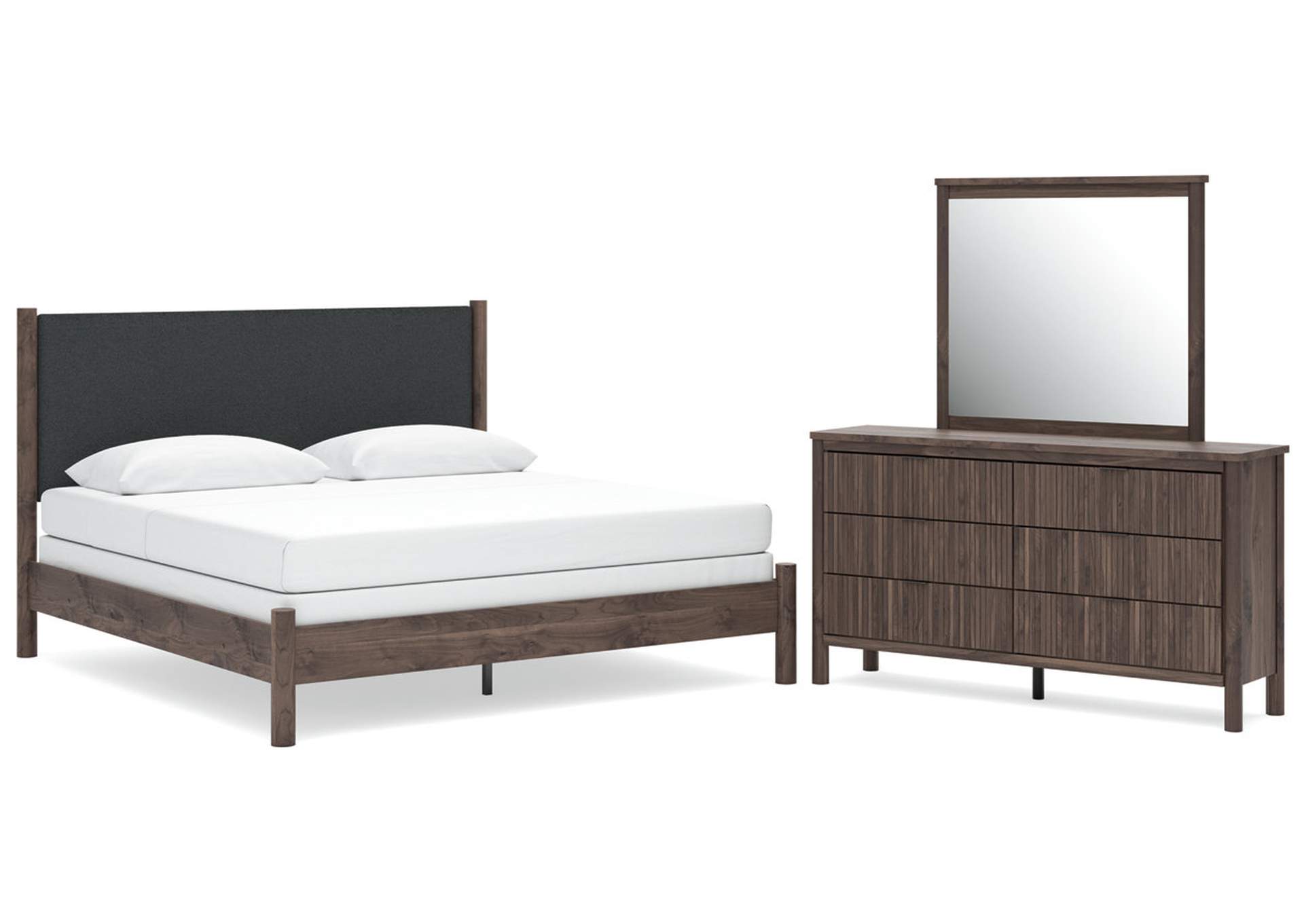 Cadmori King Upholstered Panel Bed, Dresser and Mirror image 1