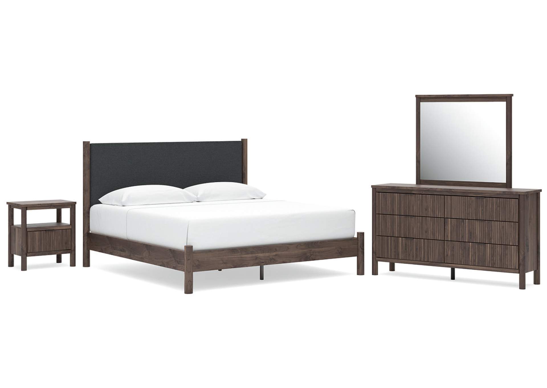 Cadmori King Upholstered Panel Platform Bed, Dresser, Mirror and Nightstand image 1