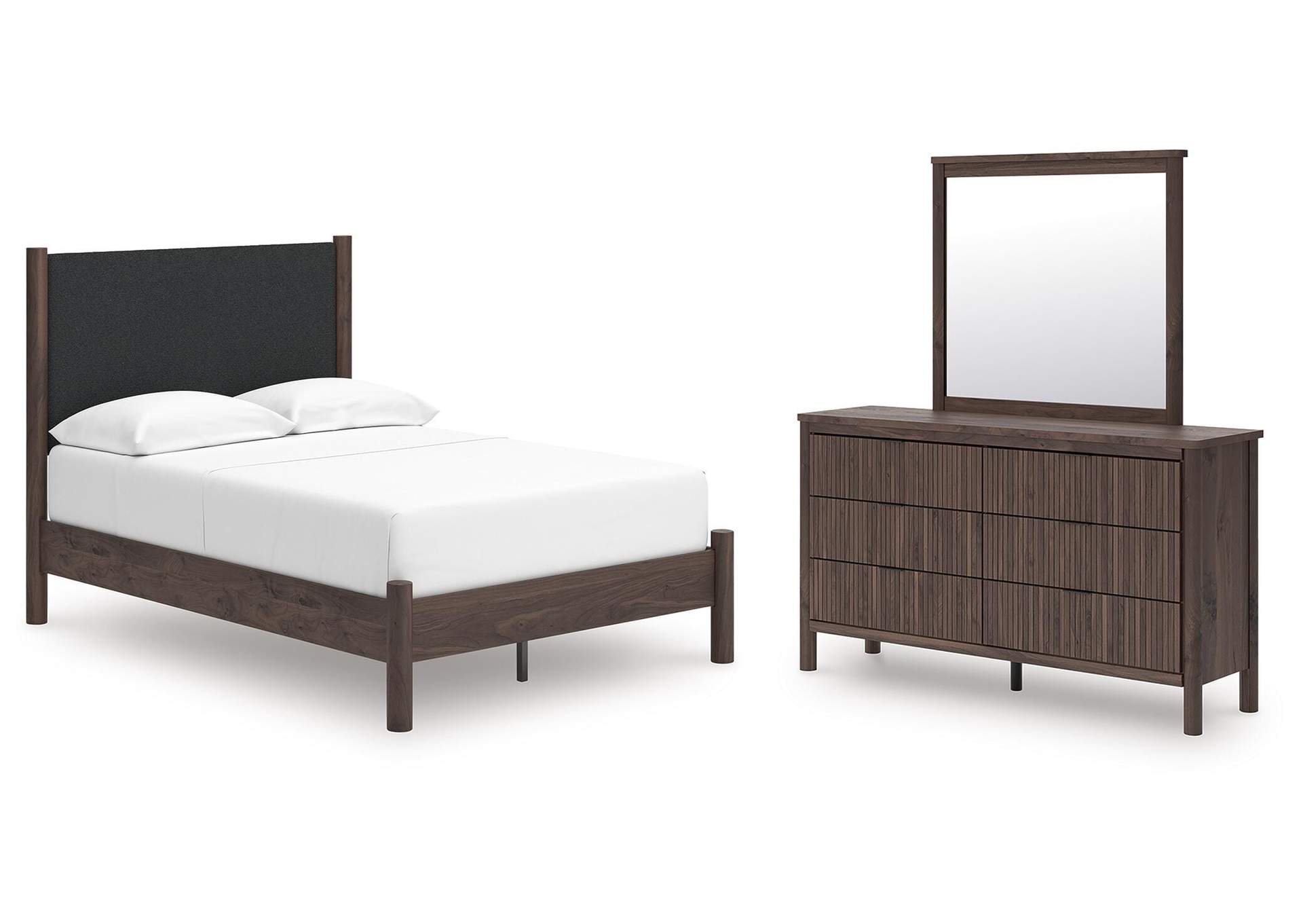 Pamytta Full Upholstered Platform Bed, Dresser and Mirror image 1