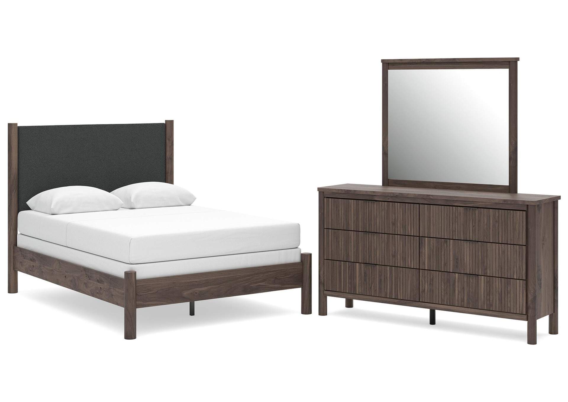 Pamytta Full Upholstered Panel Bed, Dresser and Mirror image 1