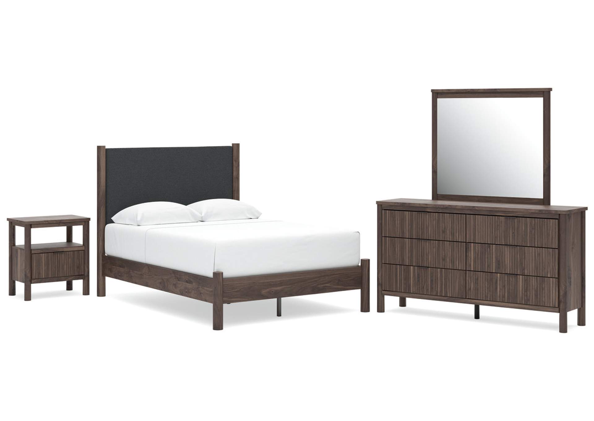 Cadmori Full Upholstered Panel Platform Bed, Dresser, Mirror and Nightstand image 1