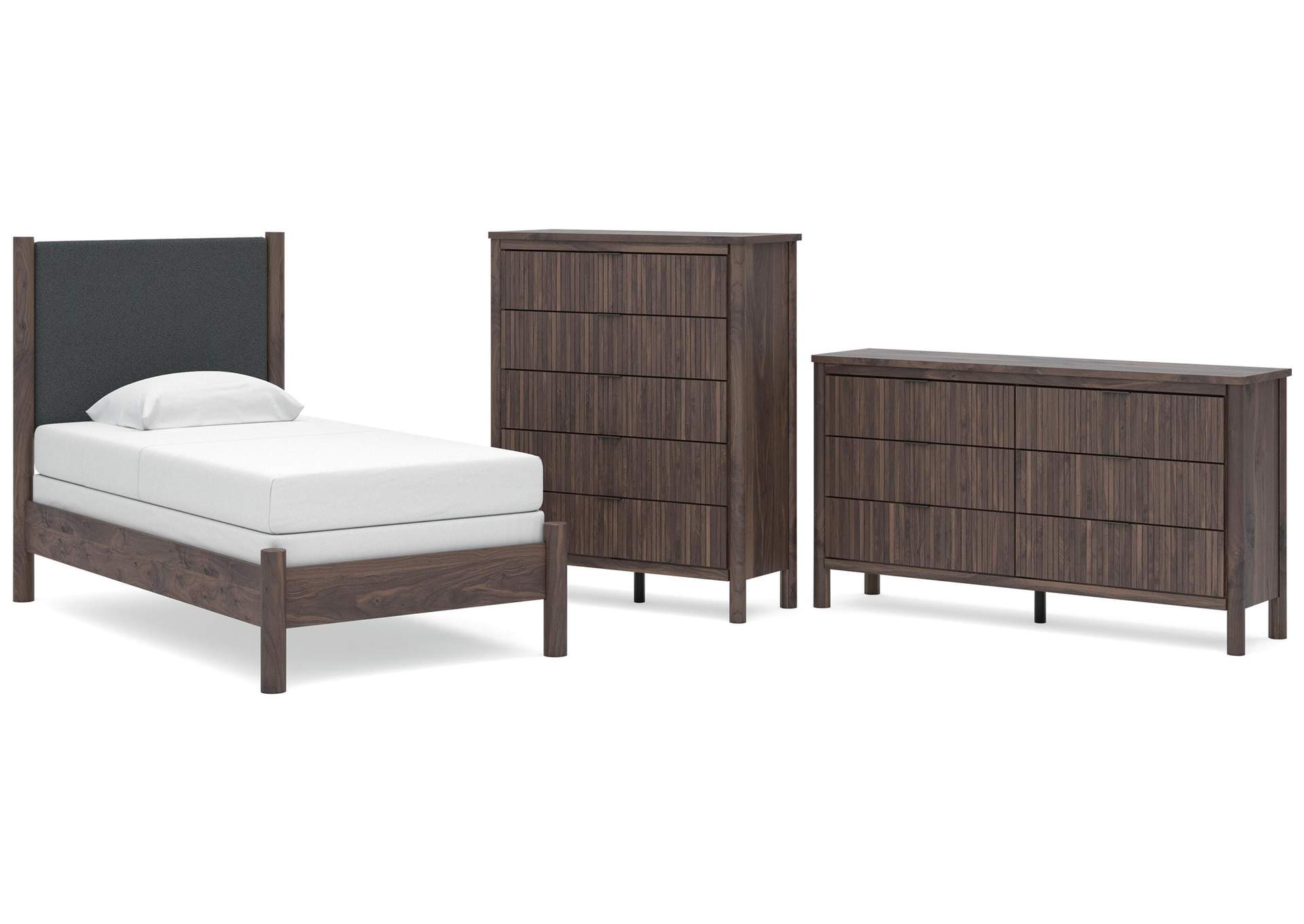 Cadmori Twin Upholstered Panel Bed, Dresser and Chest image 1