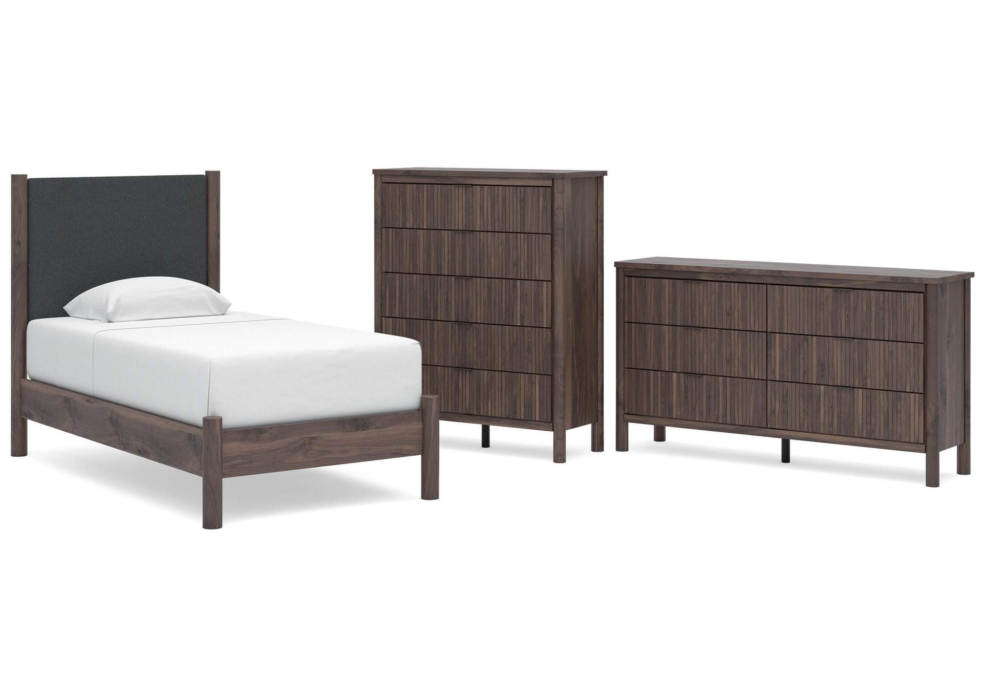 Cadmori Twin Upholstered Panel Platform Bed, Dresser and Chest image 1