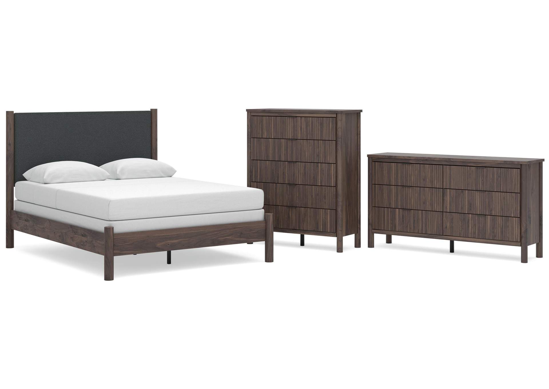 Cadmori Queen Upholstered Panel Bed, Dresser and Chest image 1