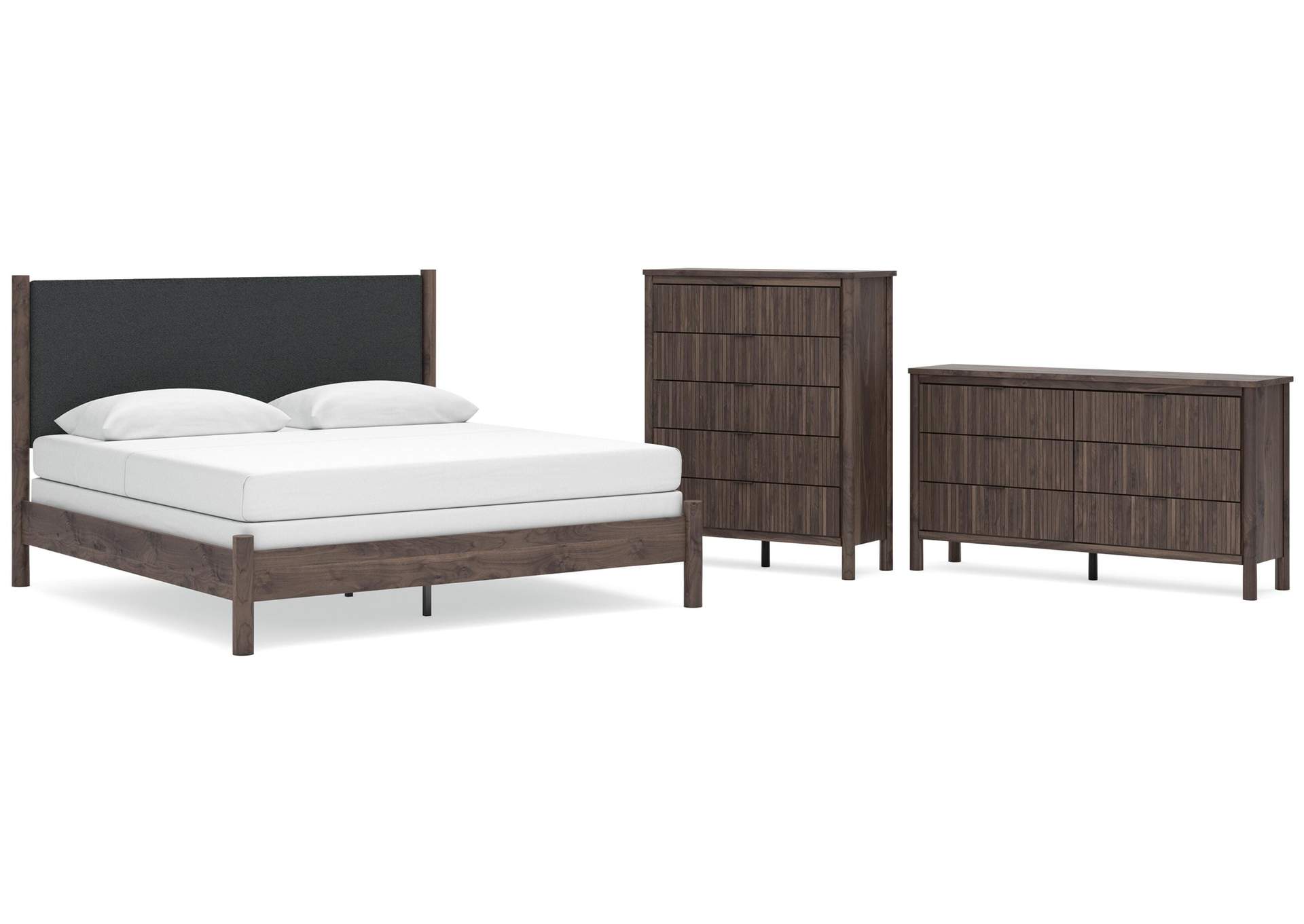 Cadmori King Upholstered Panel Bed, Dresser and Chest image 1