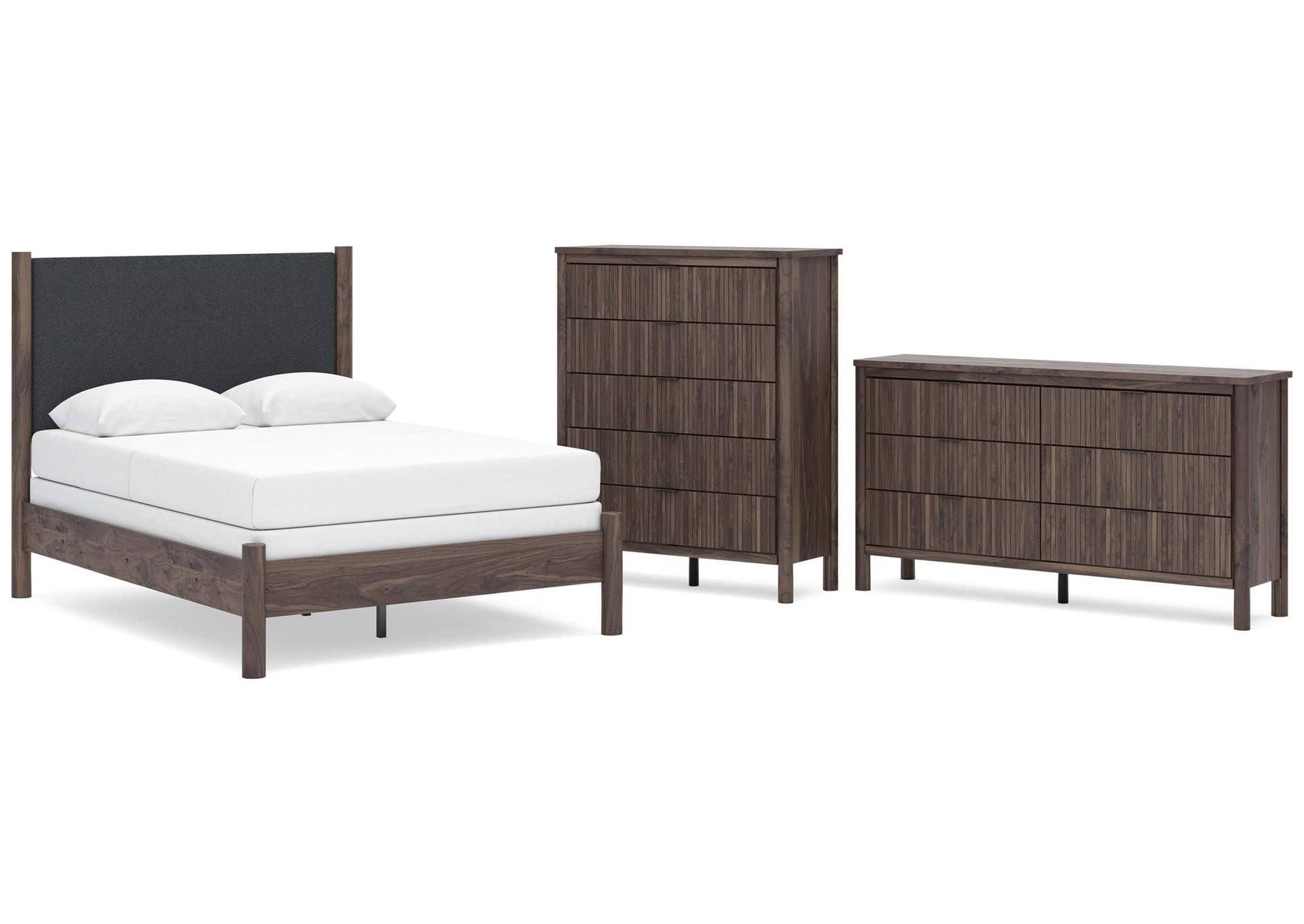 Cadmori Full Upholstered Panel Bed, Dresser and Chest image 1