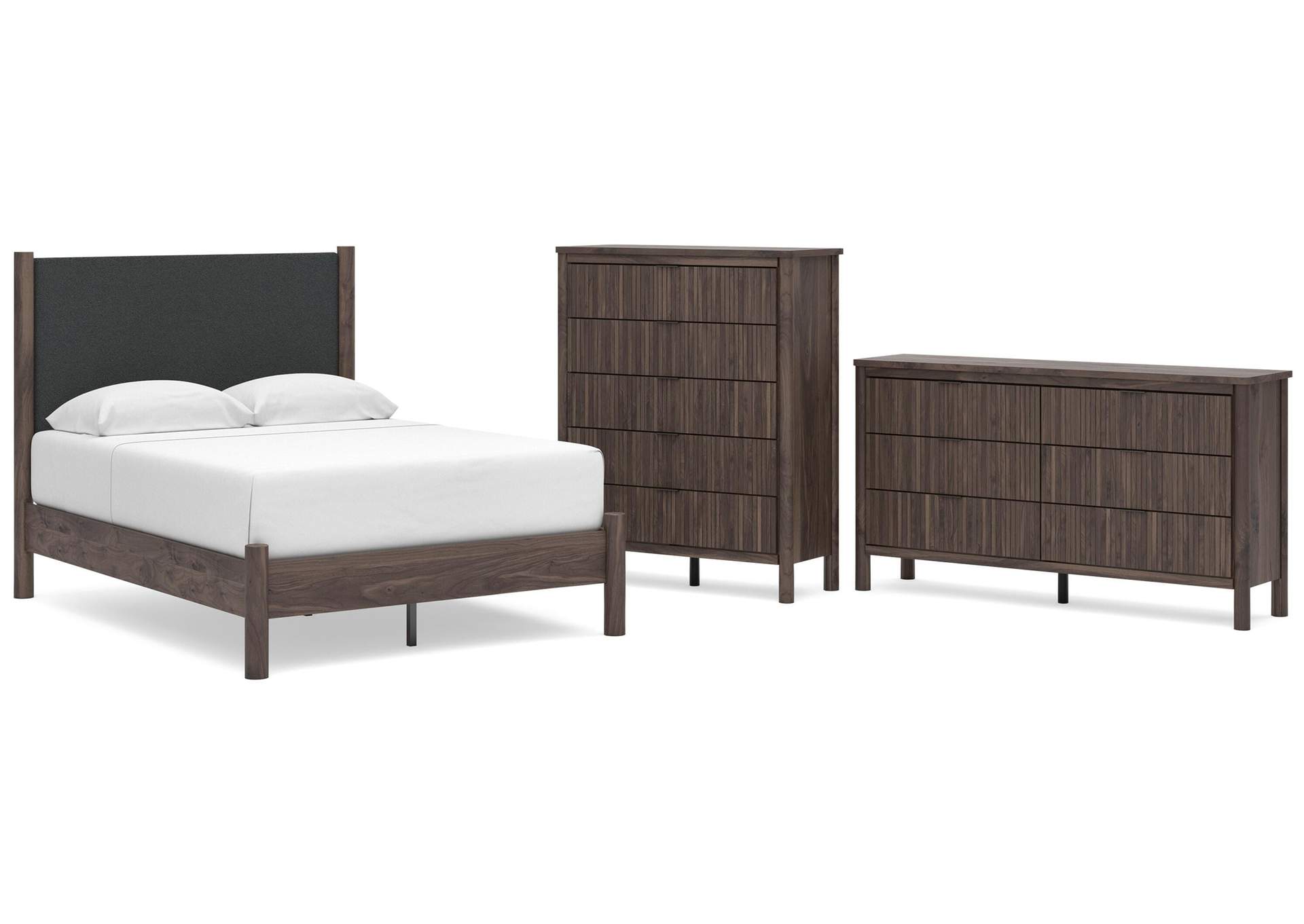 Cadmori Full Upholstered Panel Platform Bed, Dresser and Chest image 1
