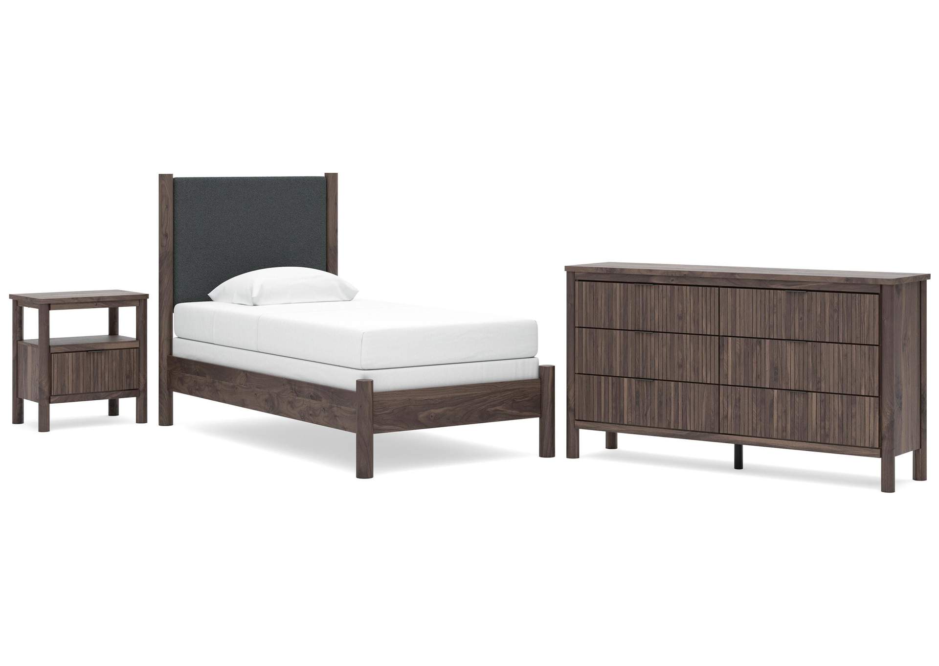 Cadmori Twin Upholstered Panel Bed, Dresser and Nightstand image 1