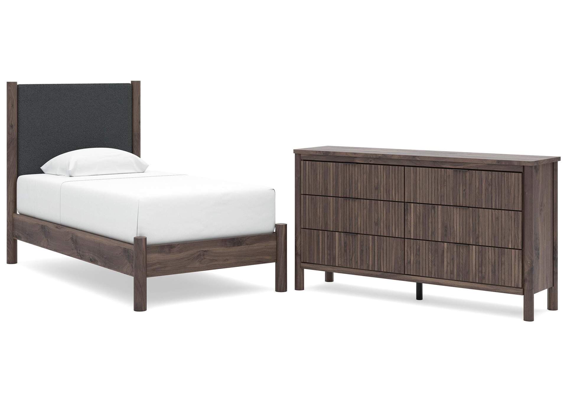 Cadmori Twin Upholstered Panel Platform Bed and Dresser image 1
