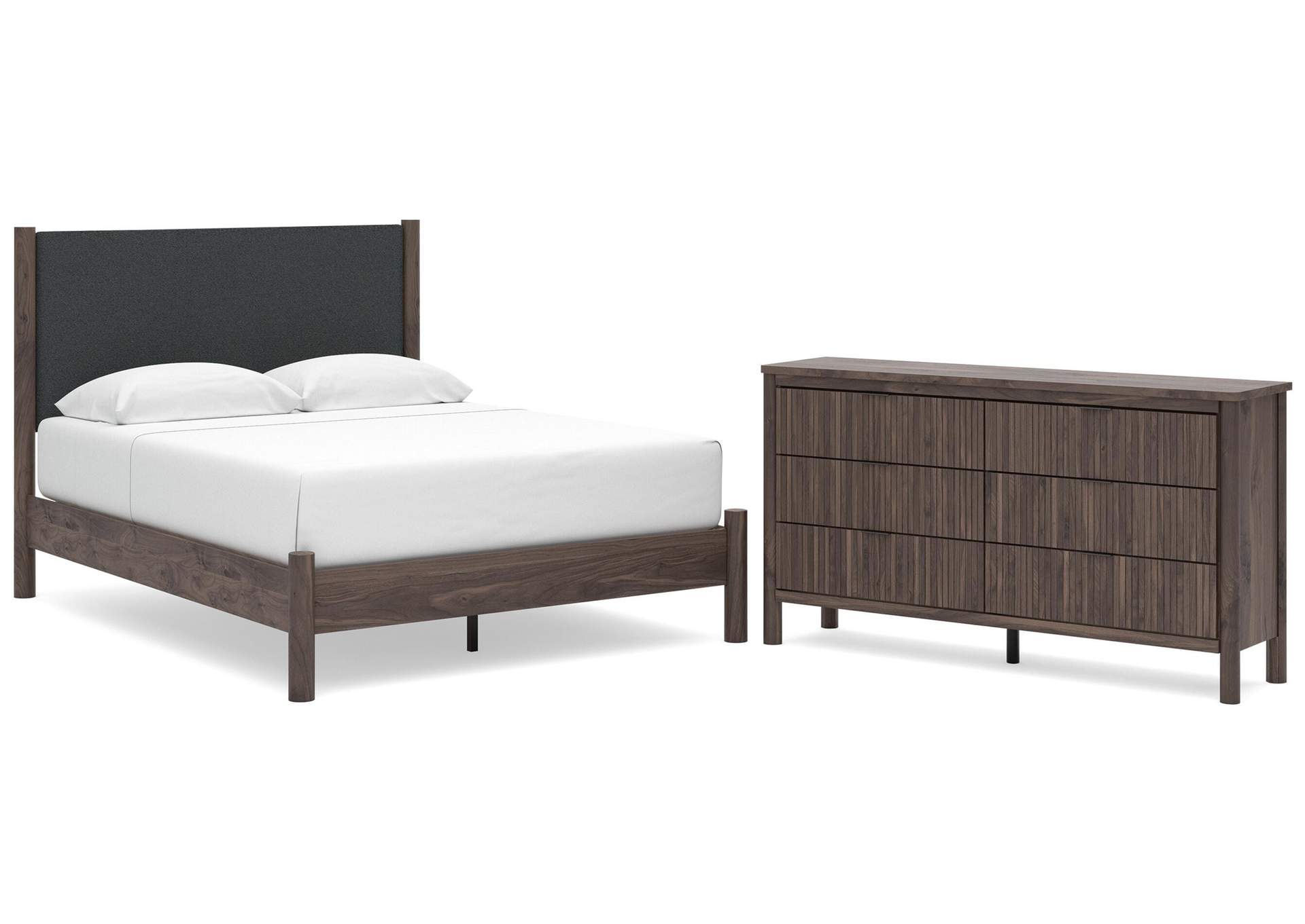 Cadmori Queen Upholstered Panel Platform Bed and Dresser image 1