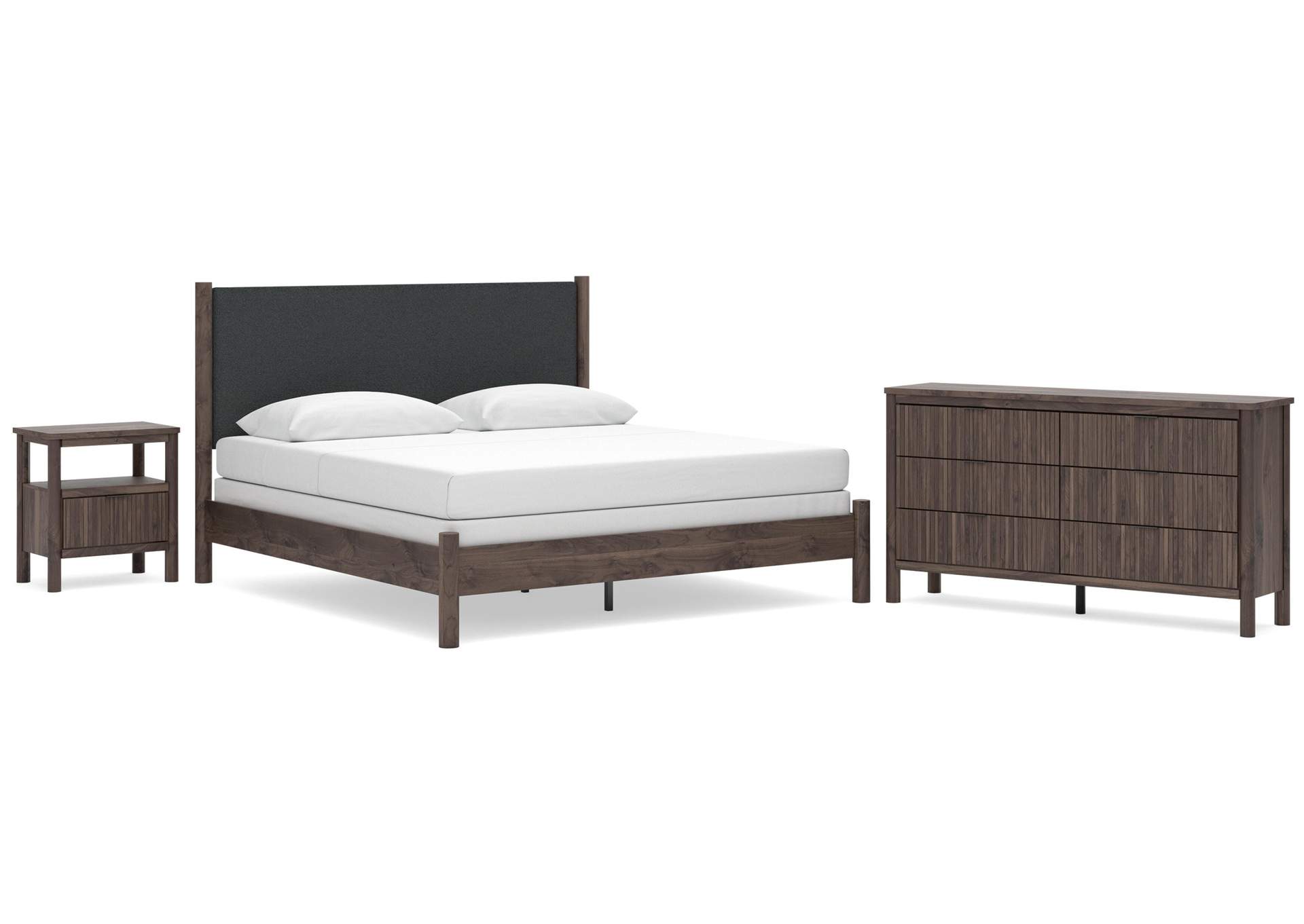 Cadmori King Upholstered Panel Bed, Dresser and Nightstand image 1