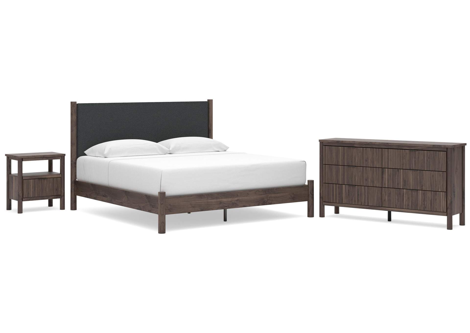 Cadmori King Upholstered Panel Platform Bed, Dresser and Nightstand image 1