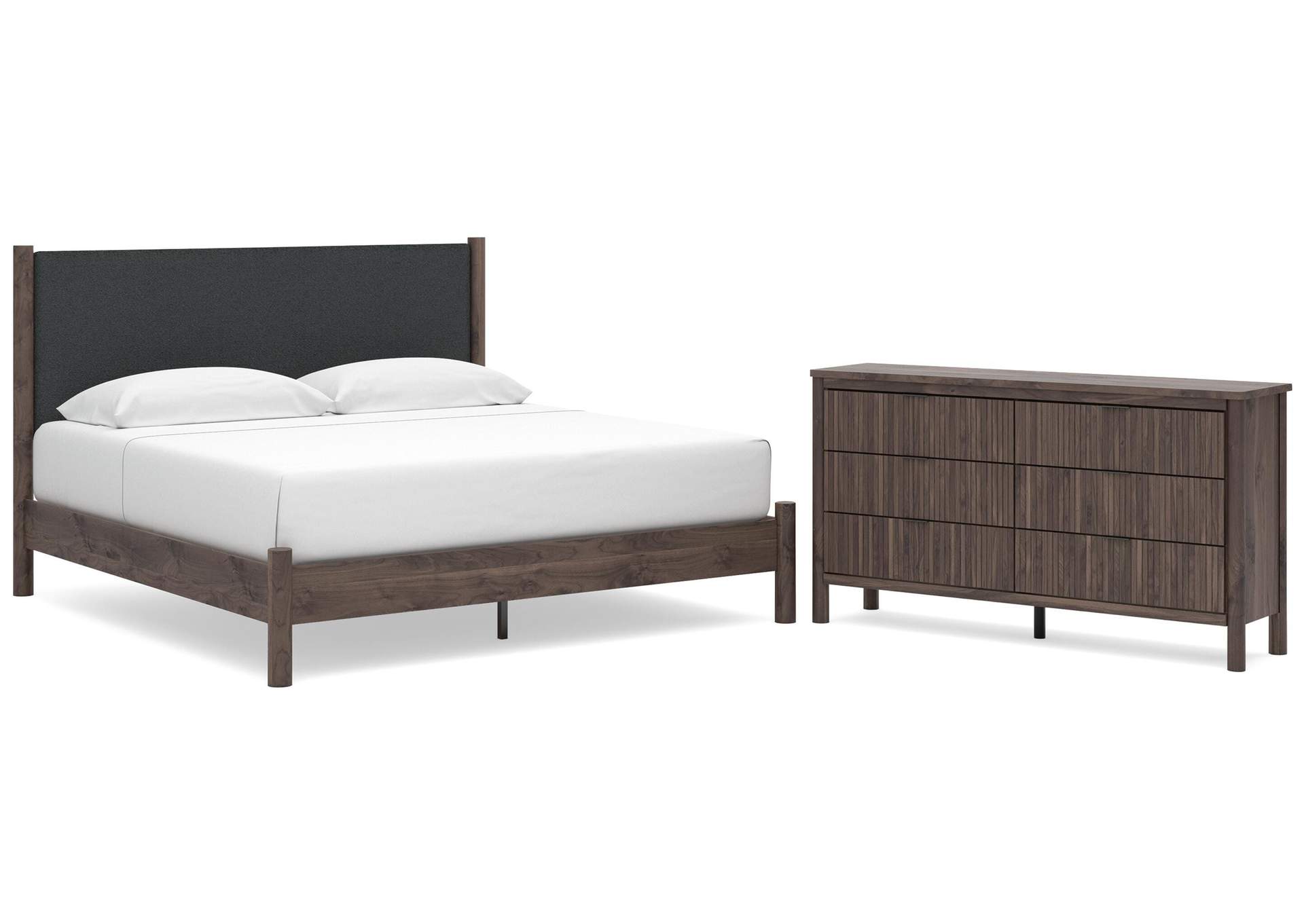 Cadmori King Upholstered Panel Platform Bed and Dresser image 1
