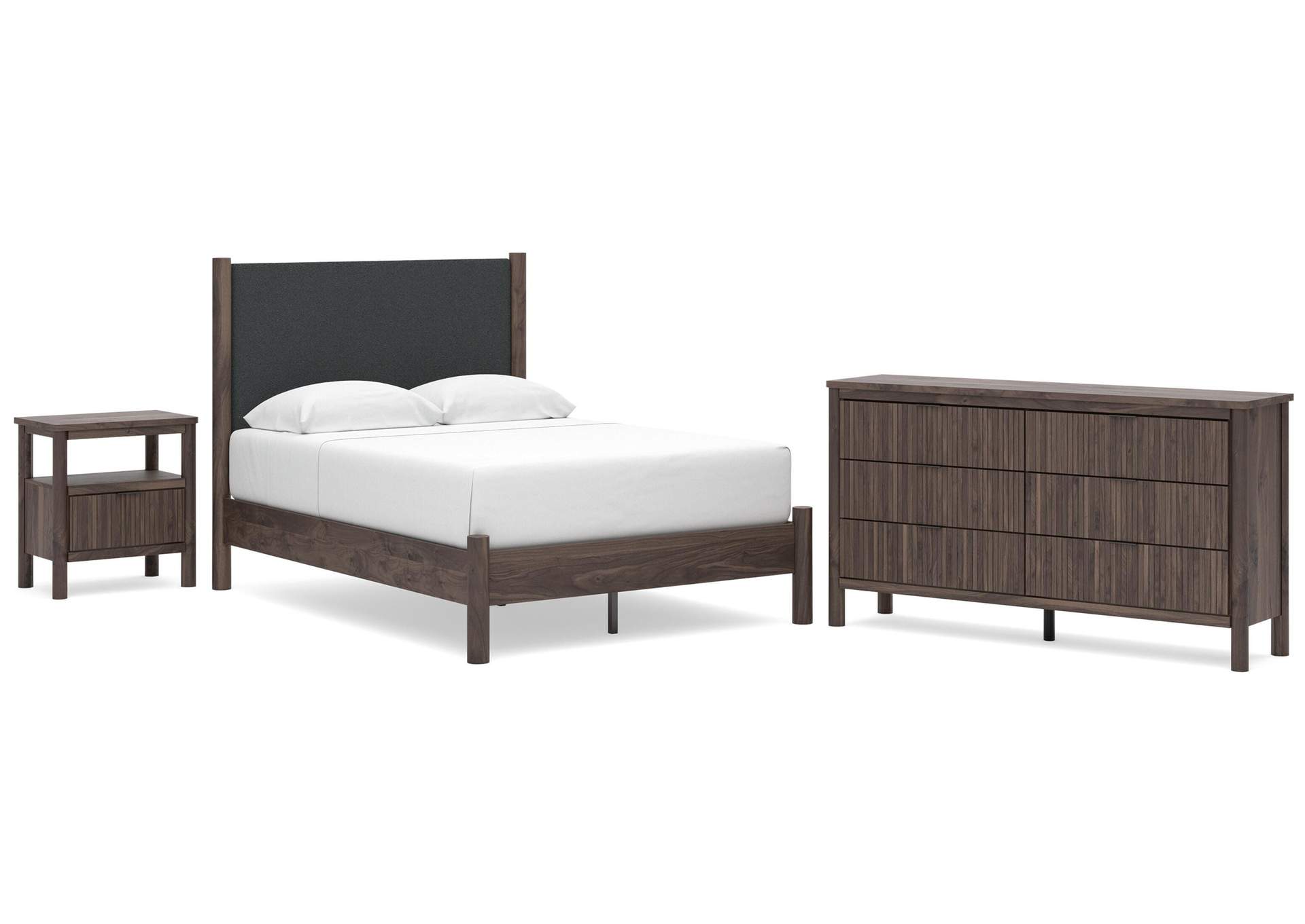 Cadmori Full Upholstered Panel Platform Bed, Dresser and Nightstand image 1
