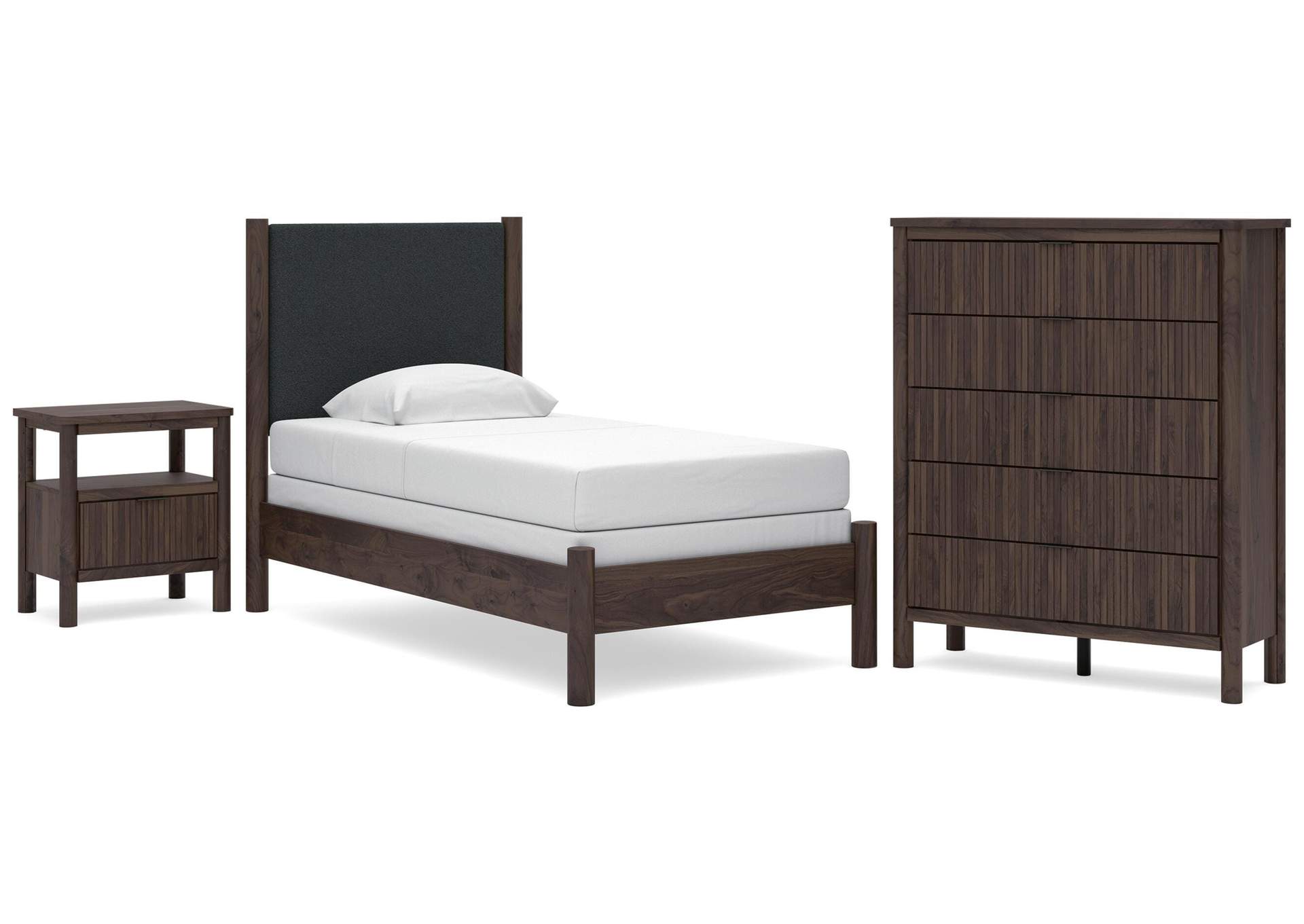 Cadmori Twin Upholstered Panel Bed, Chest and  Nightstand image 1