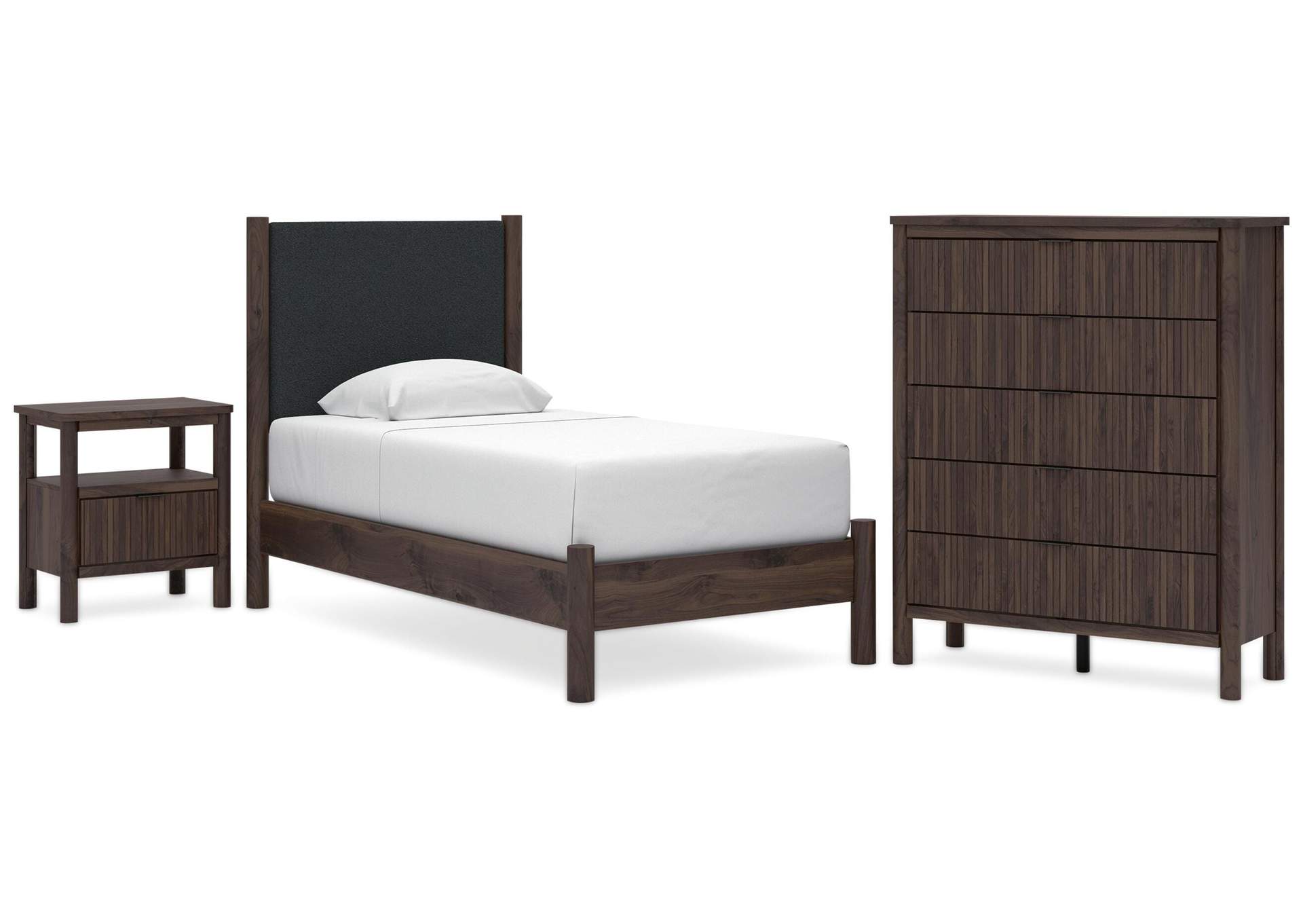 Cadmori Twin Upholstered Panel Platform Bed, Chest and  Nightstand image 1
