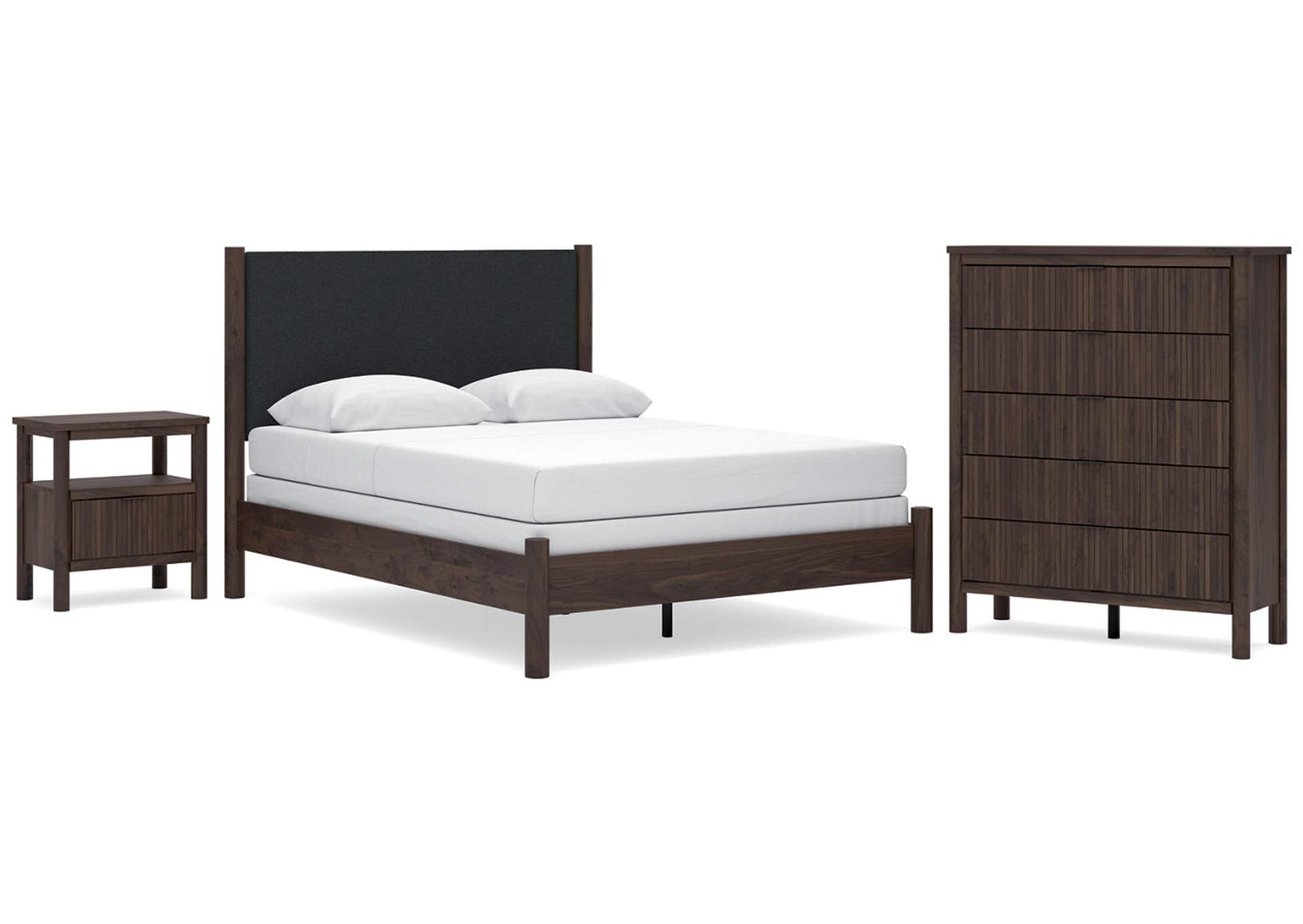 Cadmori Queen Upholstered Panel Bed, Dresser, Mirror and Nightstand image 1