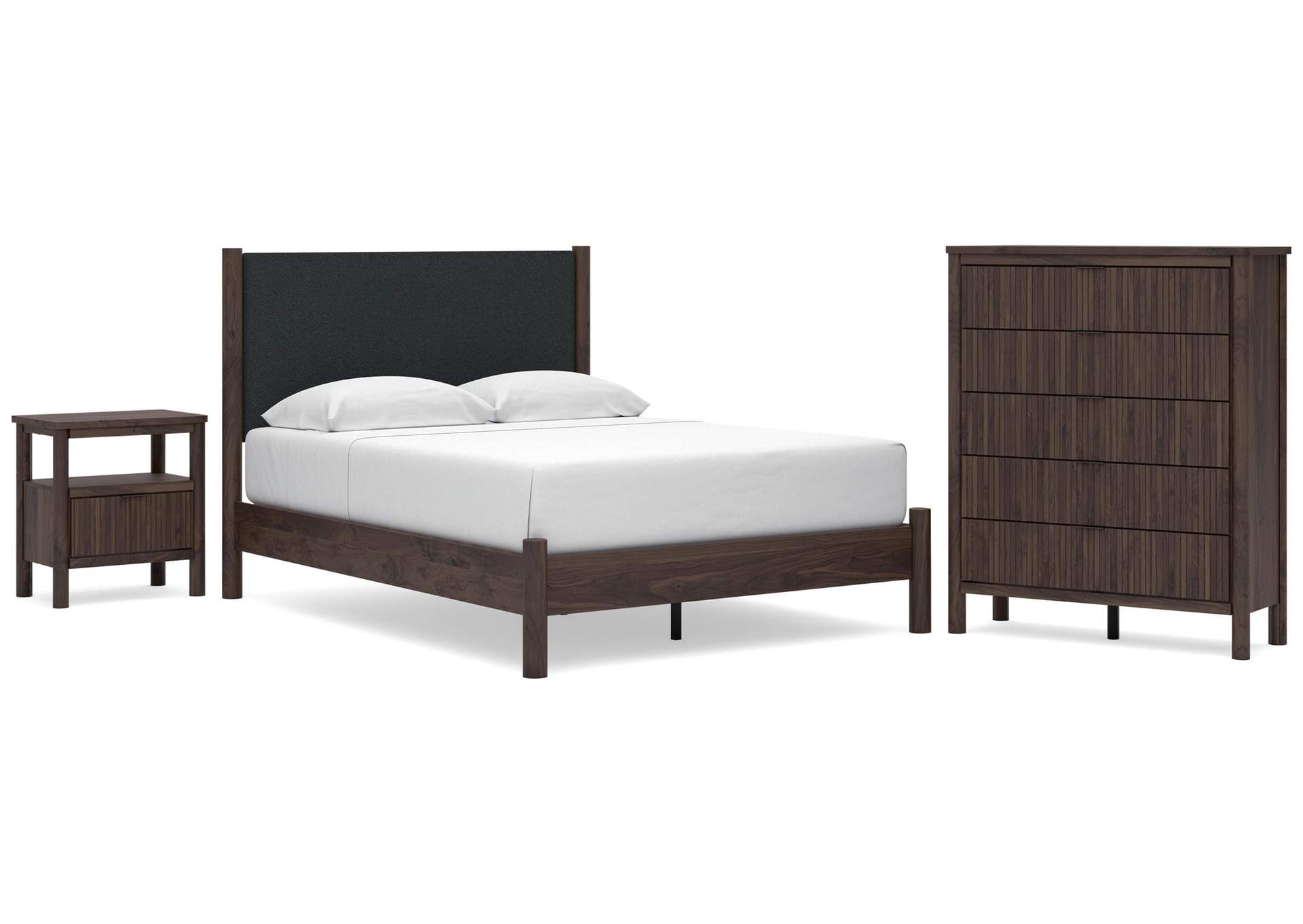 Cadmori Queen Upholstered Panel Platform Bed, Chest and  Nightstand image 1