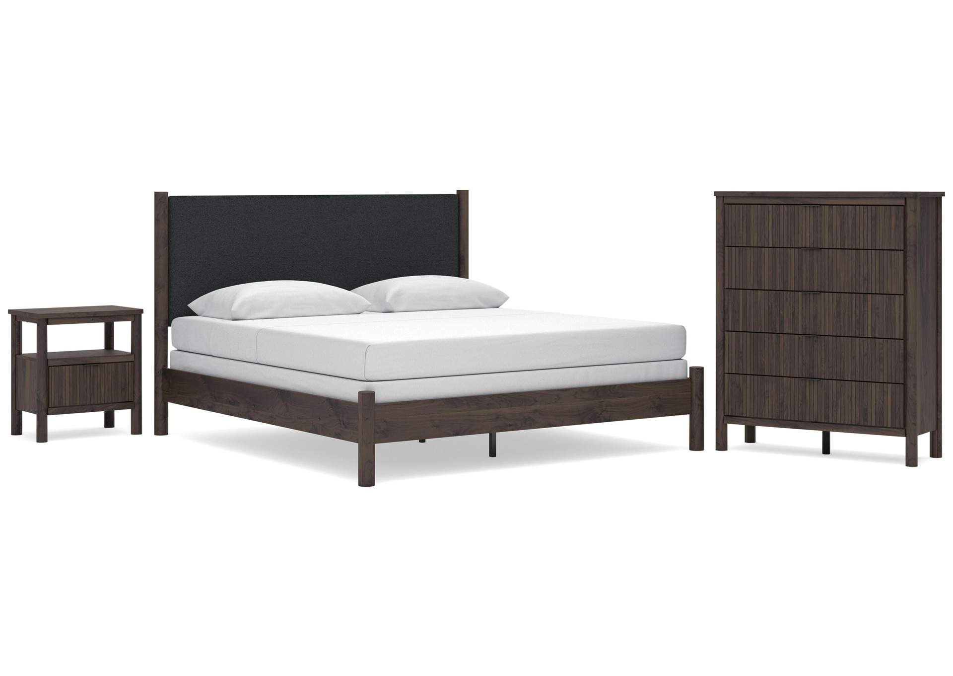 Cadmori King Upholstered Panel Bed, Chest and  Nightstand image 1