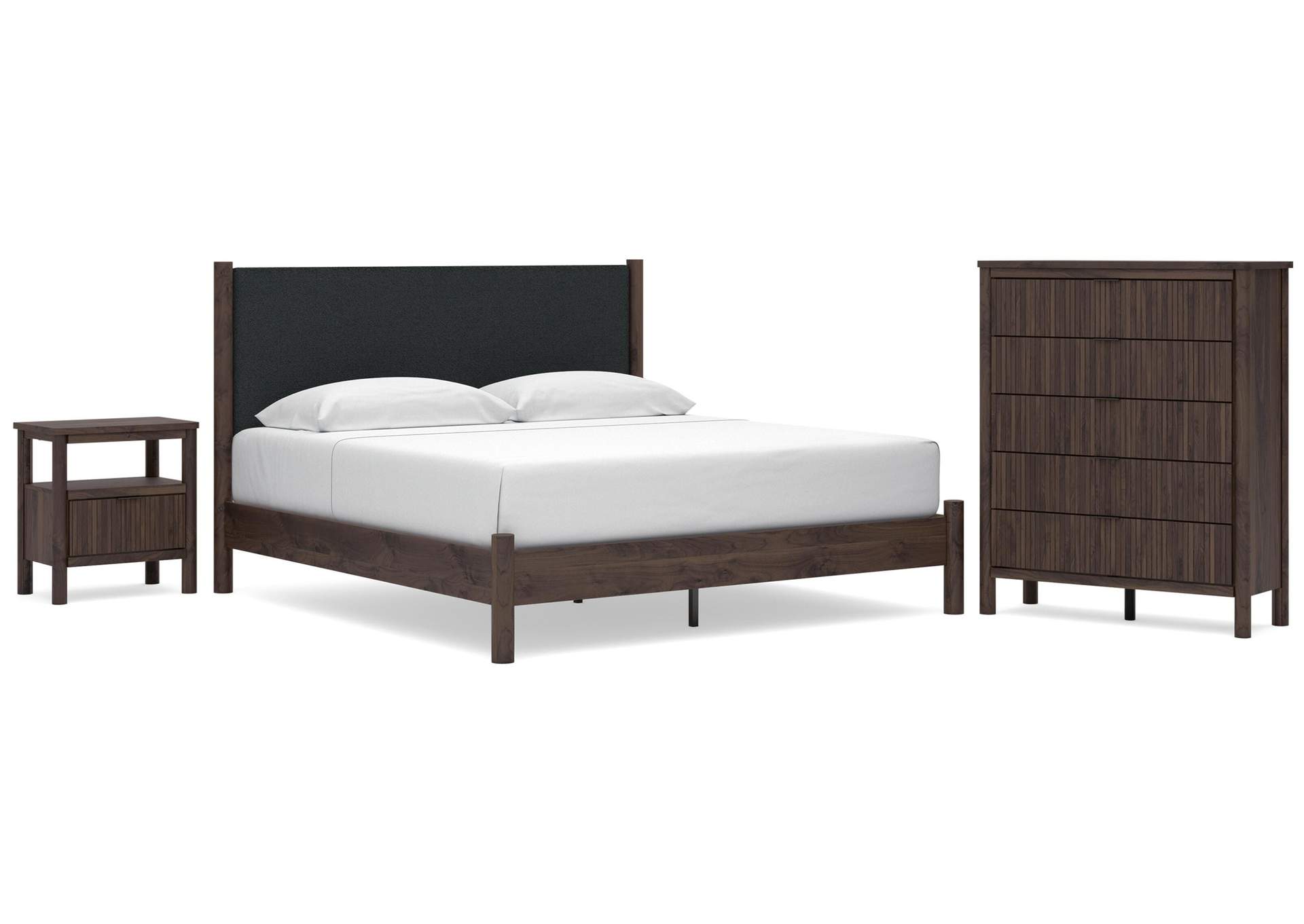 Cadmori King Upholstered Panel Platform Bed, Chest and  Nightstand image 1