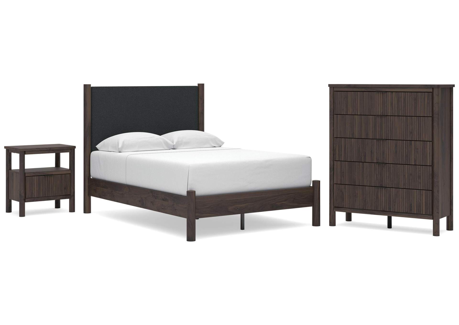 Cadmori Full Upholstered Panel Platform Bed, Chest and  Nightstand image 1