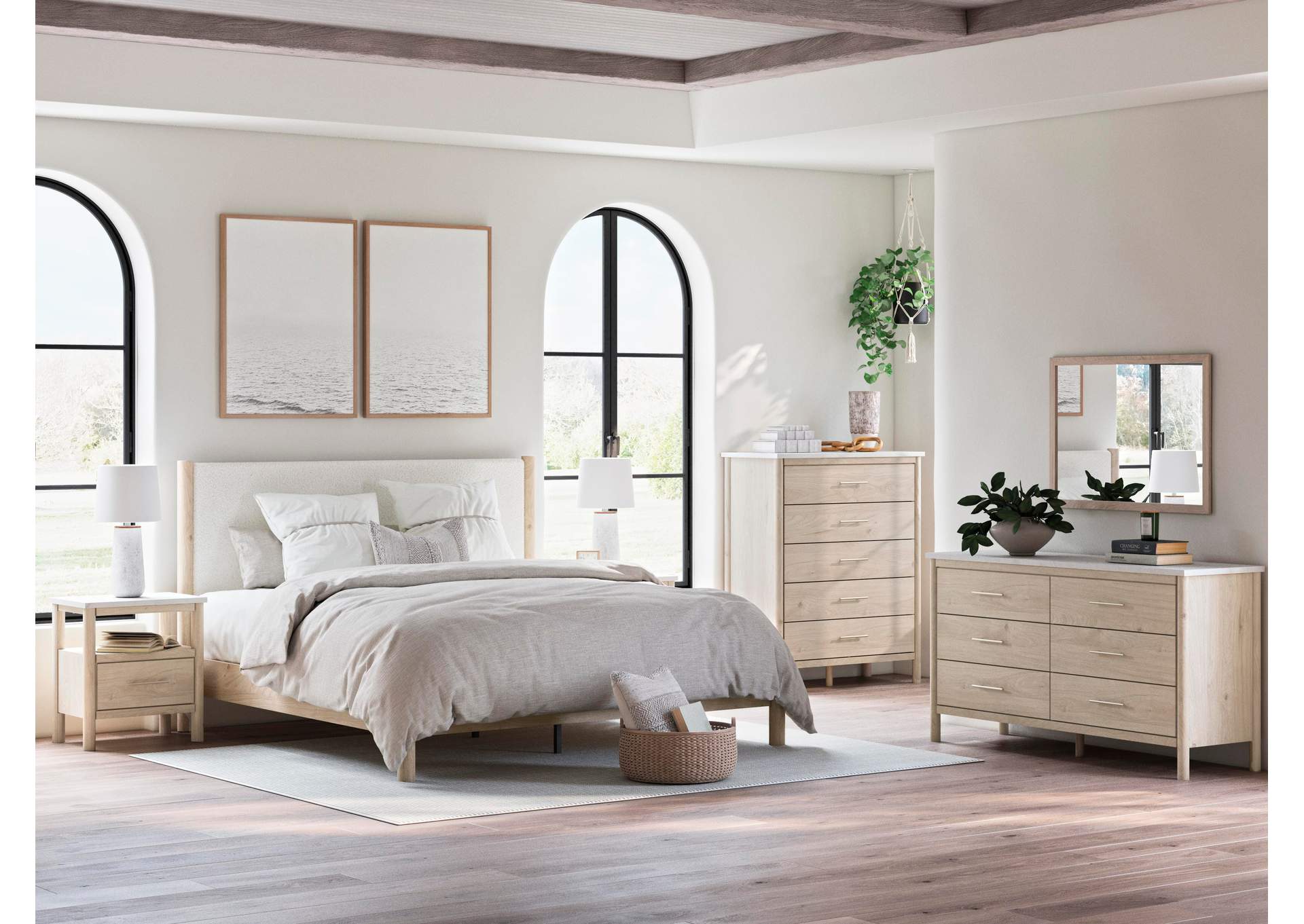 Cadmori Queen Upholstered Panel Bed with Mirrored Dresser image 6