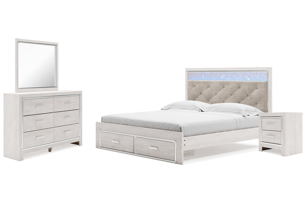 Altyra King Upholstered Storage Bed with Mirrored Dresser and Nightstand