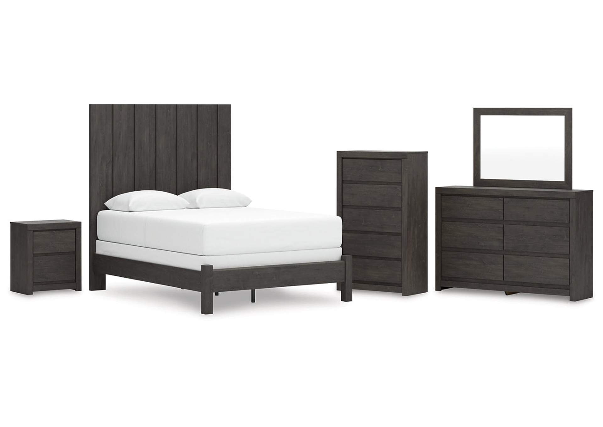 Parlayon Queen Panel Bed with Mirrored Dresser, Chest and Nightstand image 1