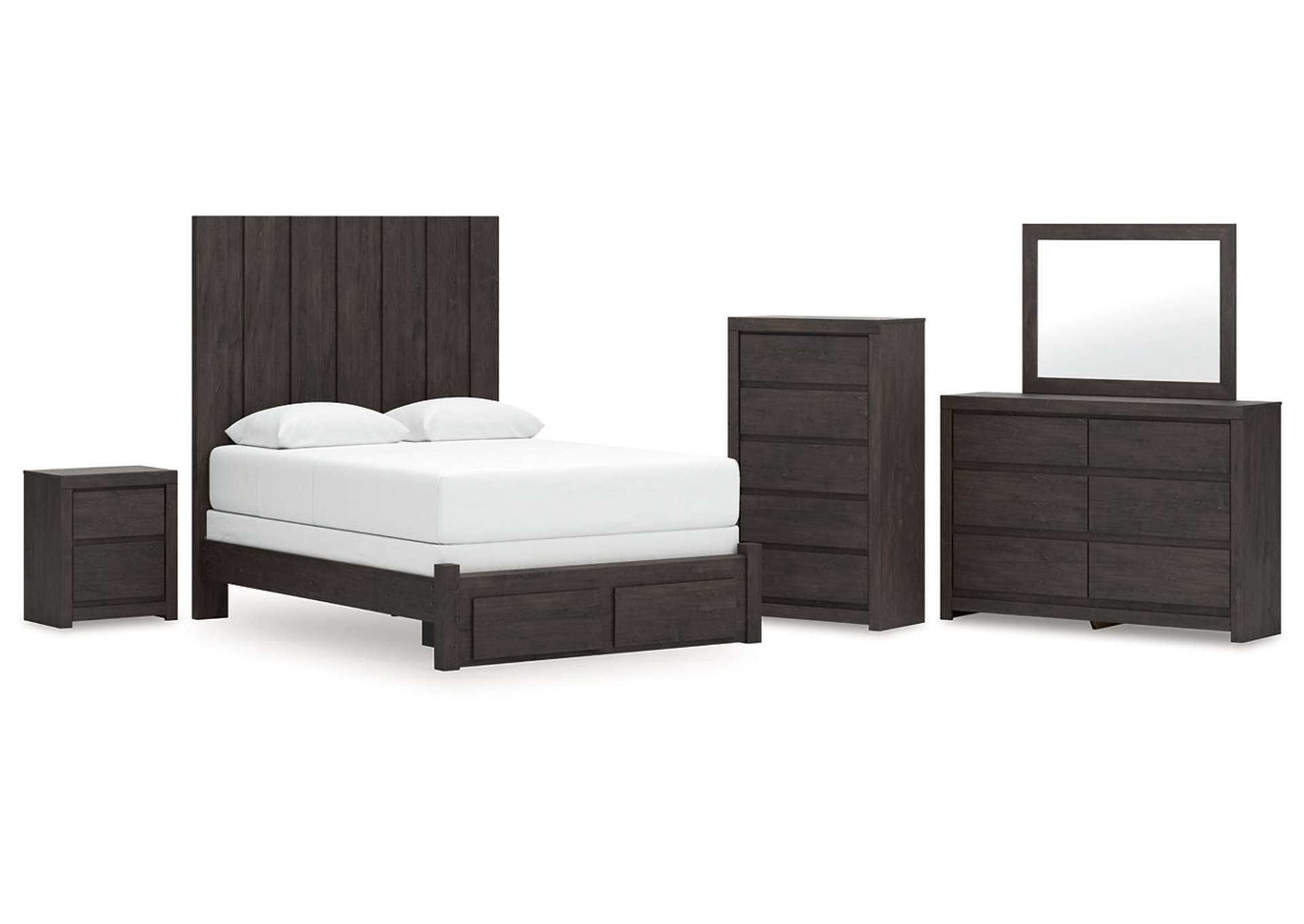 Parlayon Queen Panel Storage Bed with Mirrored Dresser, Chest and Nightstand image 1