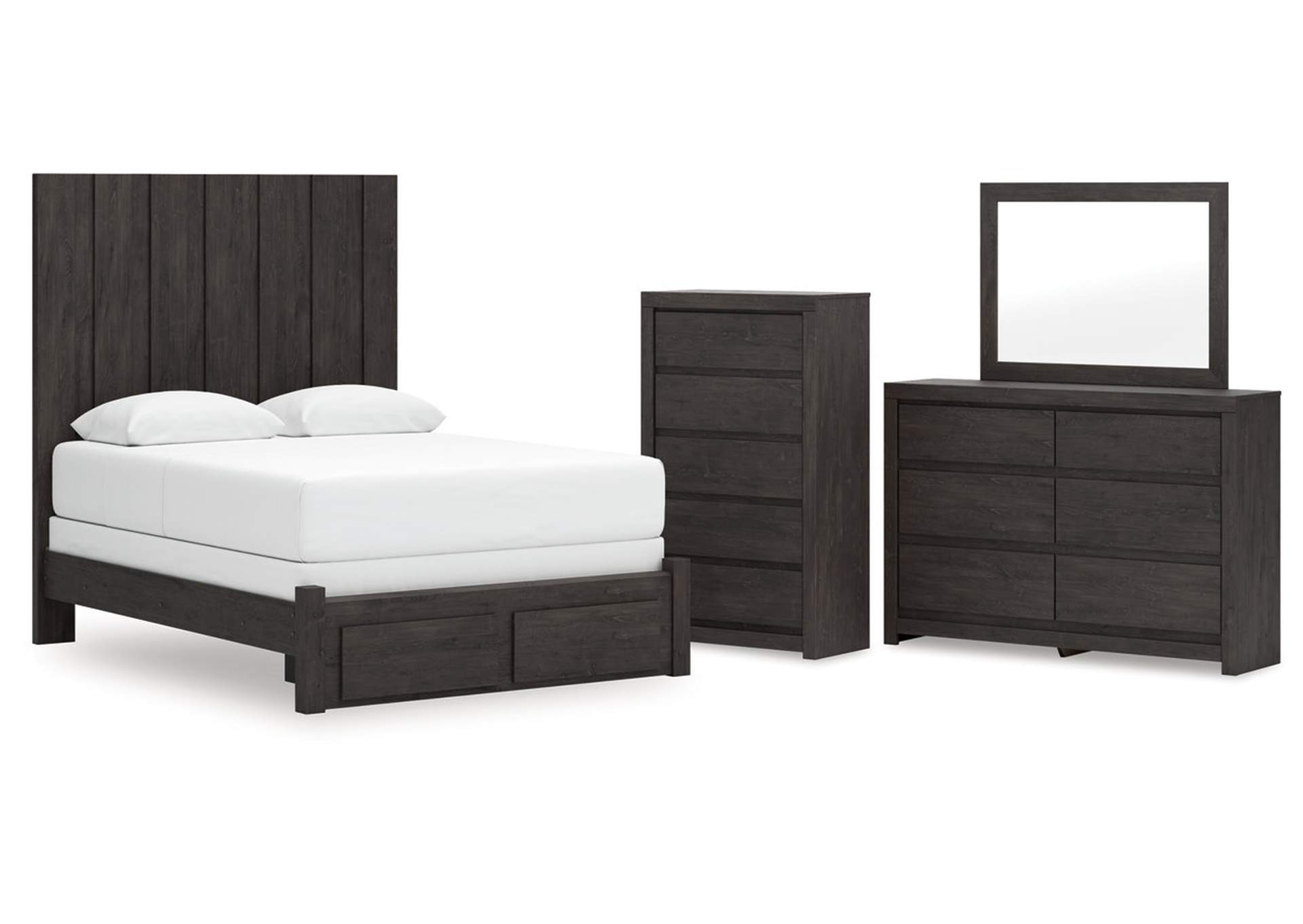 Parlayon Queen Panel Storage Bed with Mirrored Dresser and Chest image 1