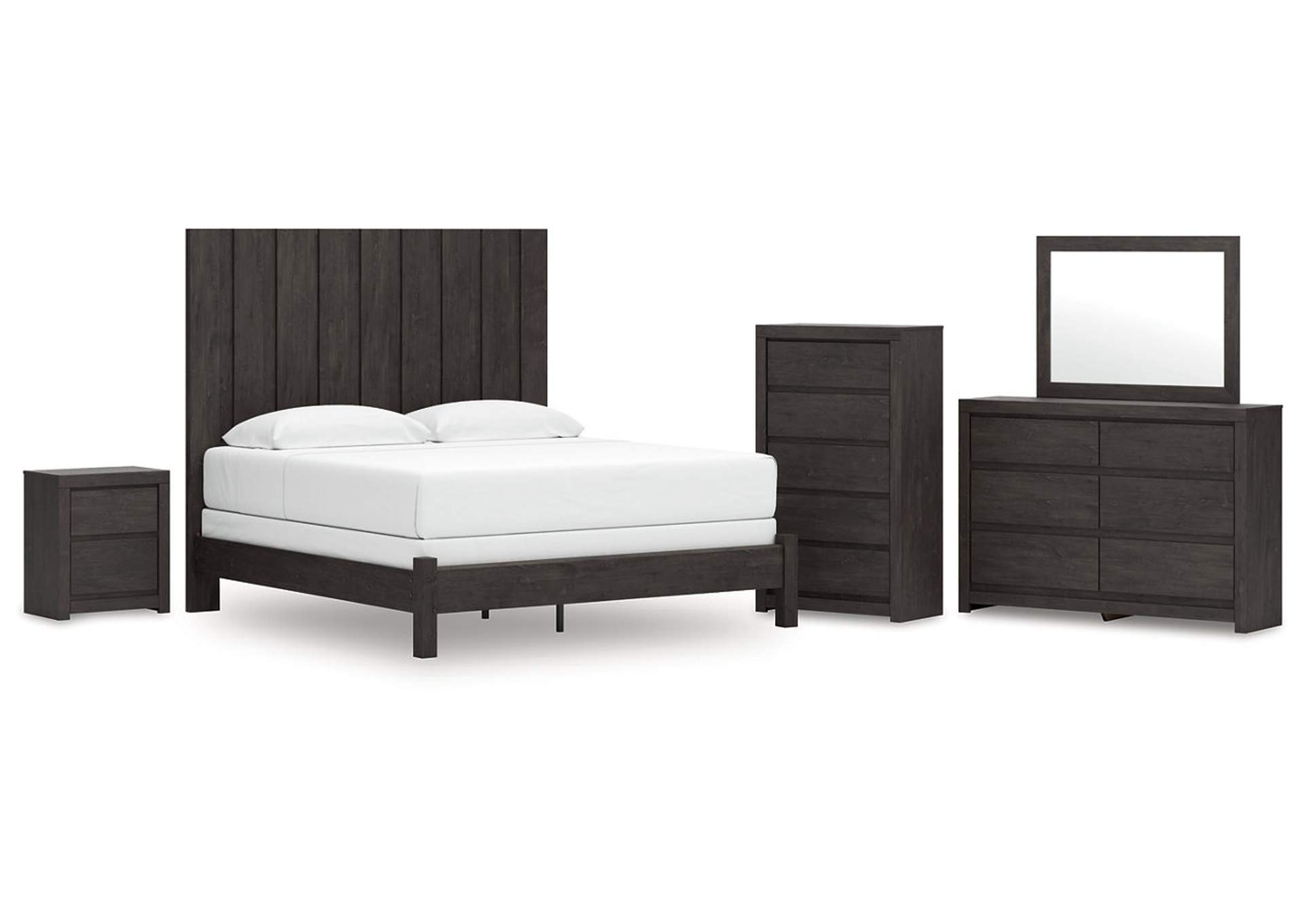 Parlayon King Panel Bed with Mirrored Dresser, Chest and Nightstand image 1