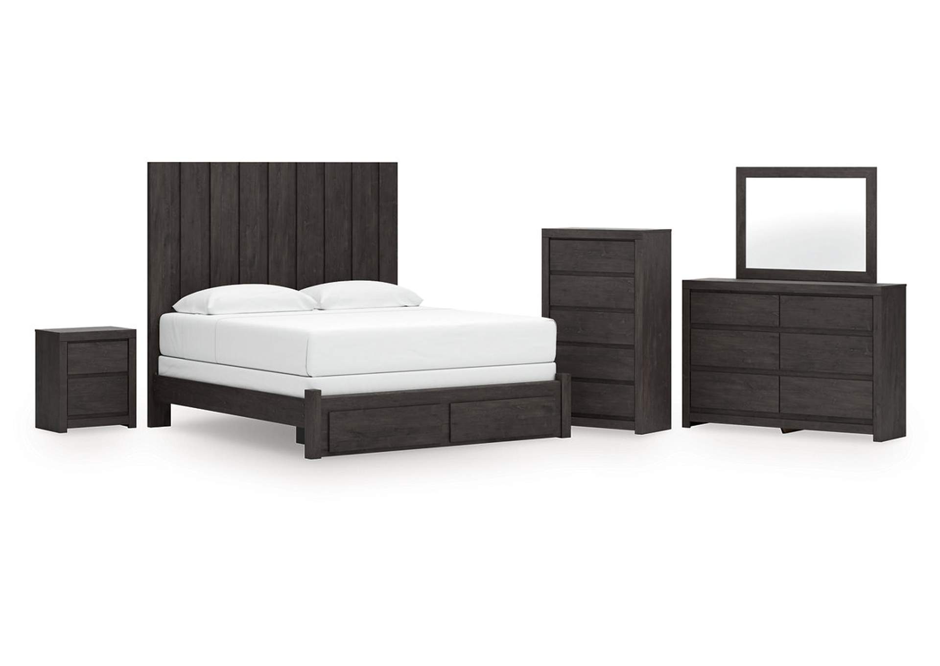 Parlayon King Panel Storage Bed with Mirrored Dresser, Chest and Nightstand image 1