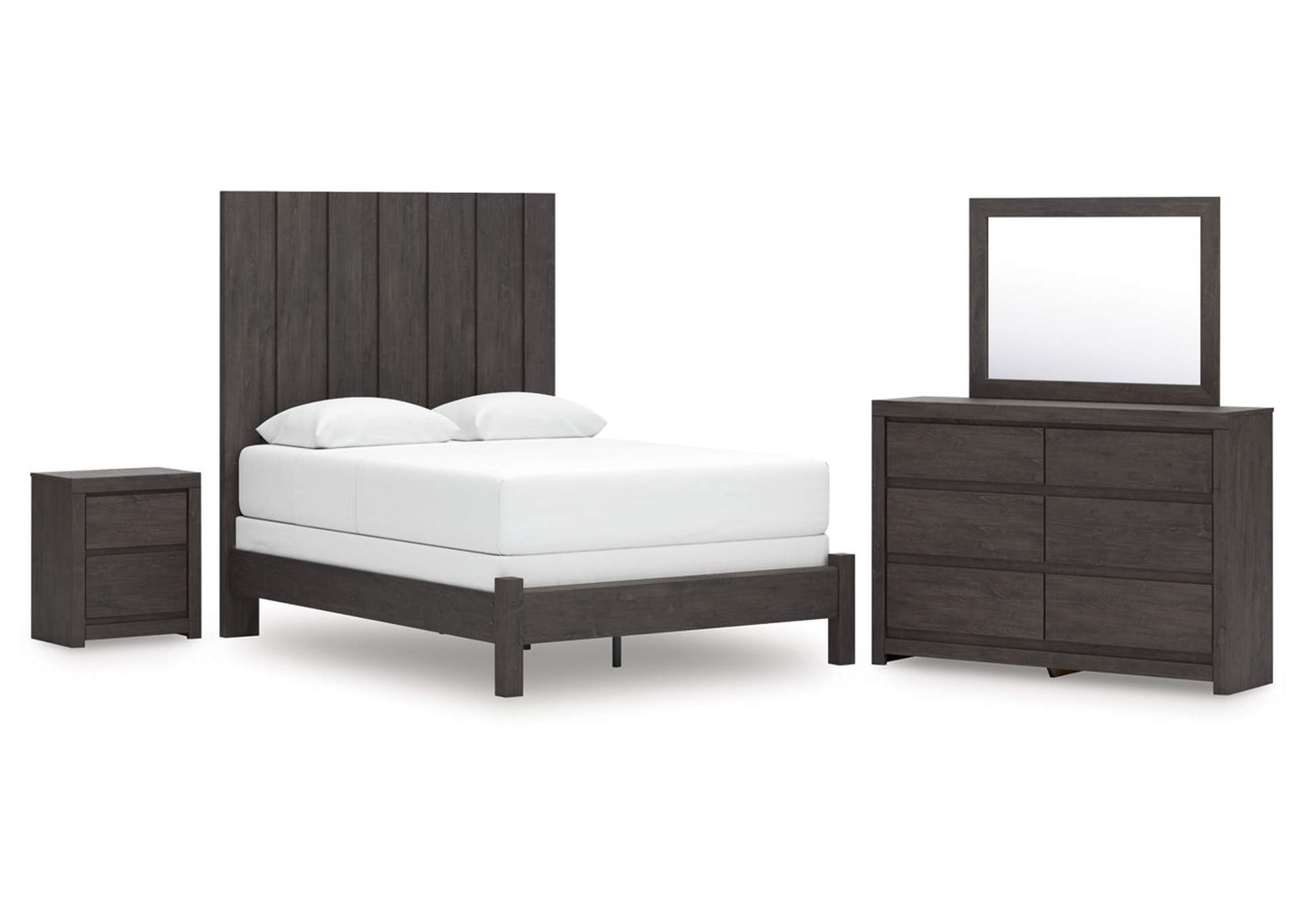 Parlayon Queen Panel Bed with Mirrored Dresser and Nightstand image 1