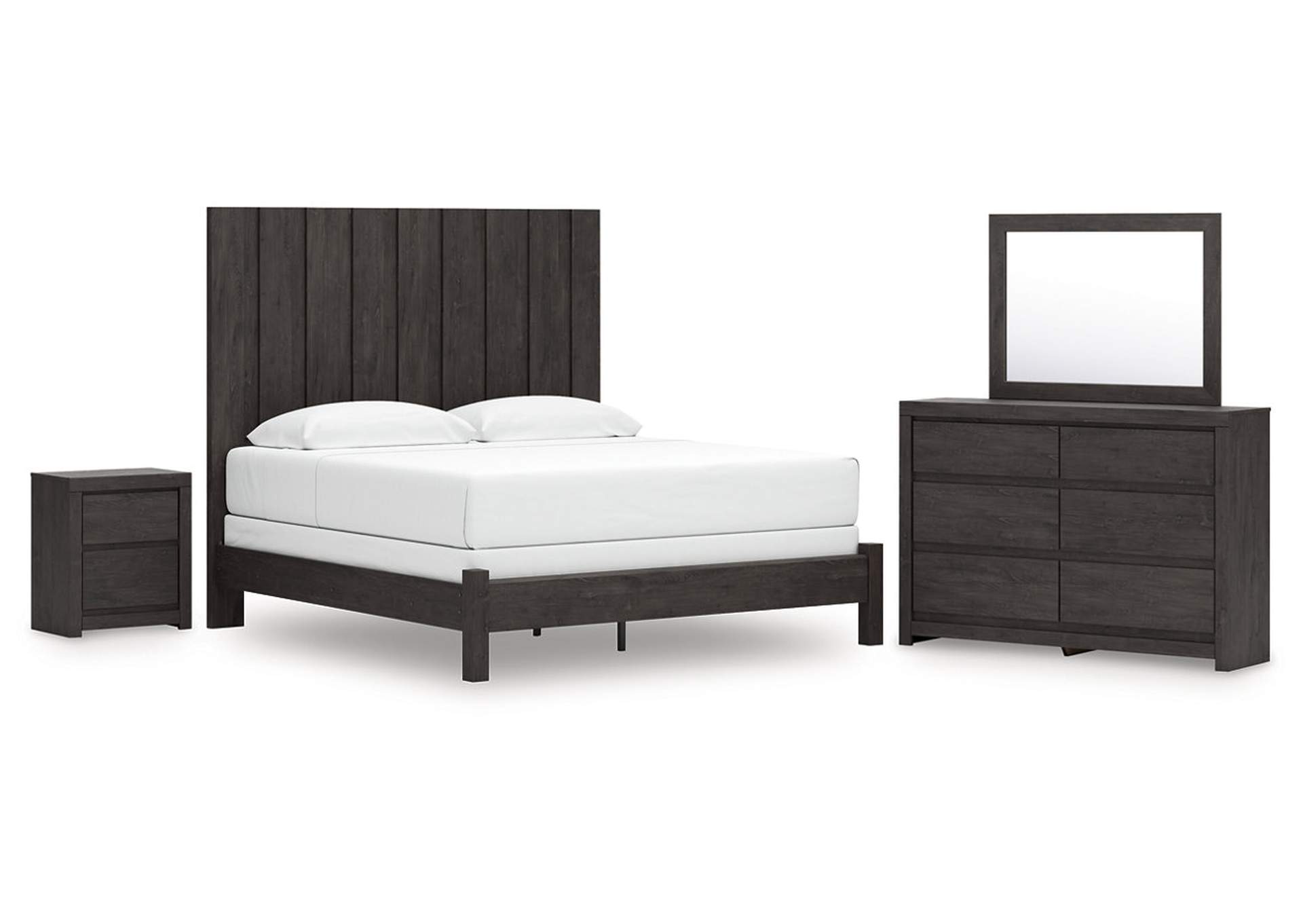 Parlayon King Panel Bed with Mirrored Dresser and Nightstand image 1