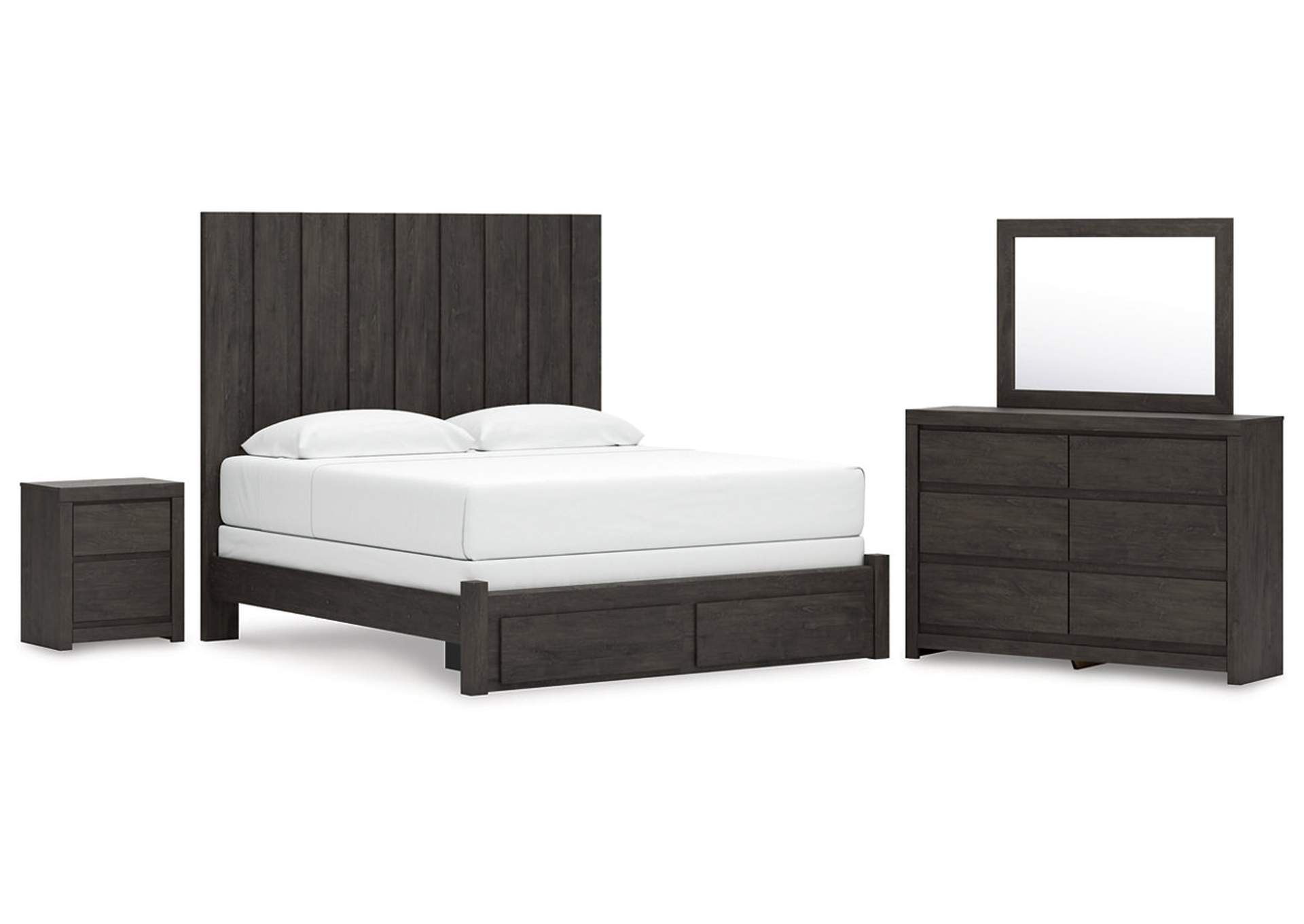 Parlayon King Panel Storage Bed with Mirrored Dresser and Nightstand image 1