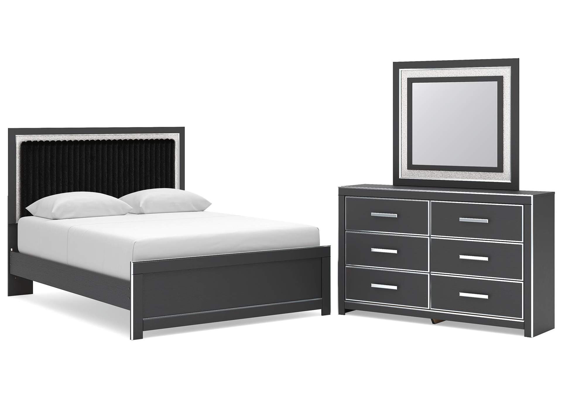 Zuraleus Queen Upholstered Panel Platform Bed, Dresser and Mirror image 1